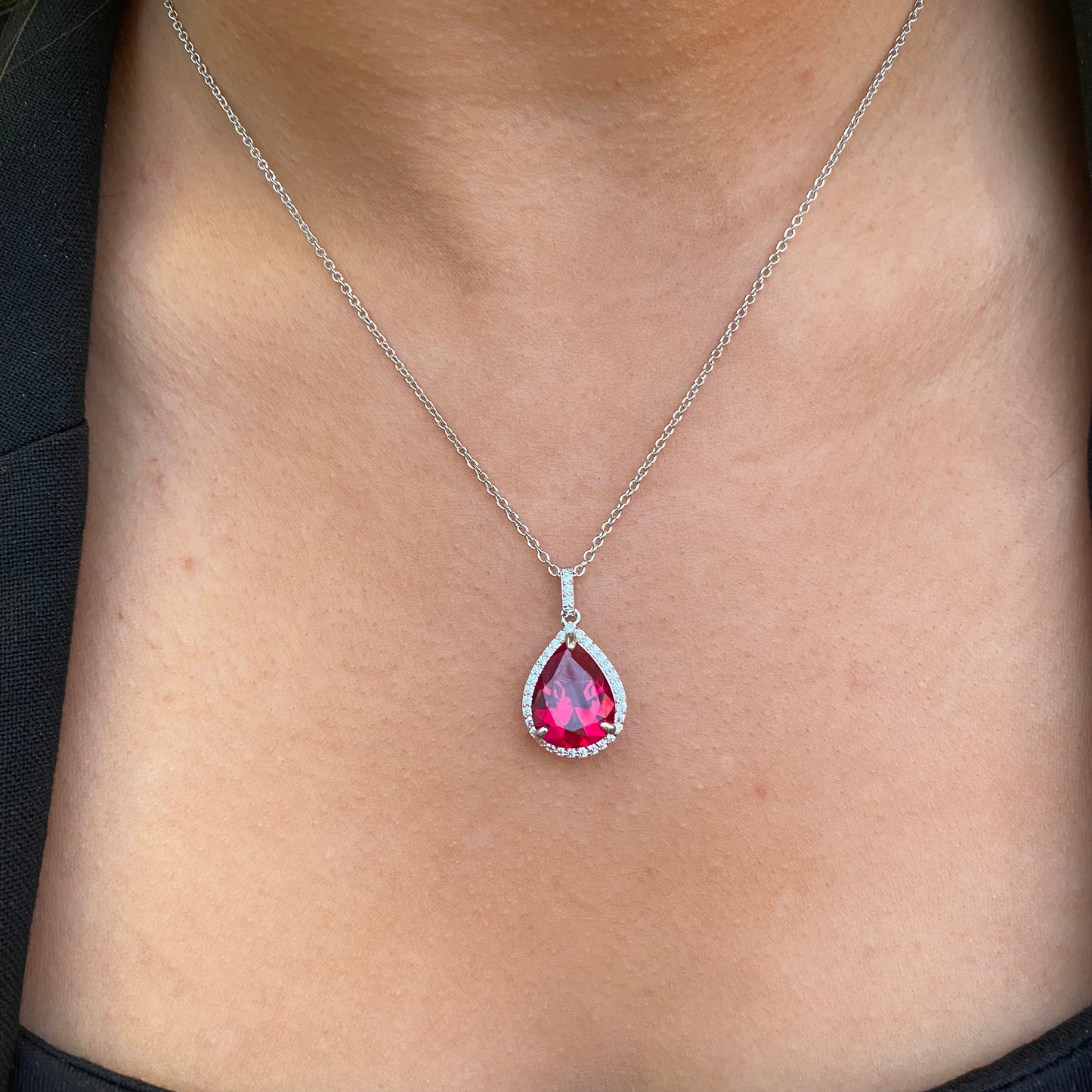 Silver CZ Pear Halo Necklace | Ruby Red - John Ross Jewellers