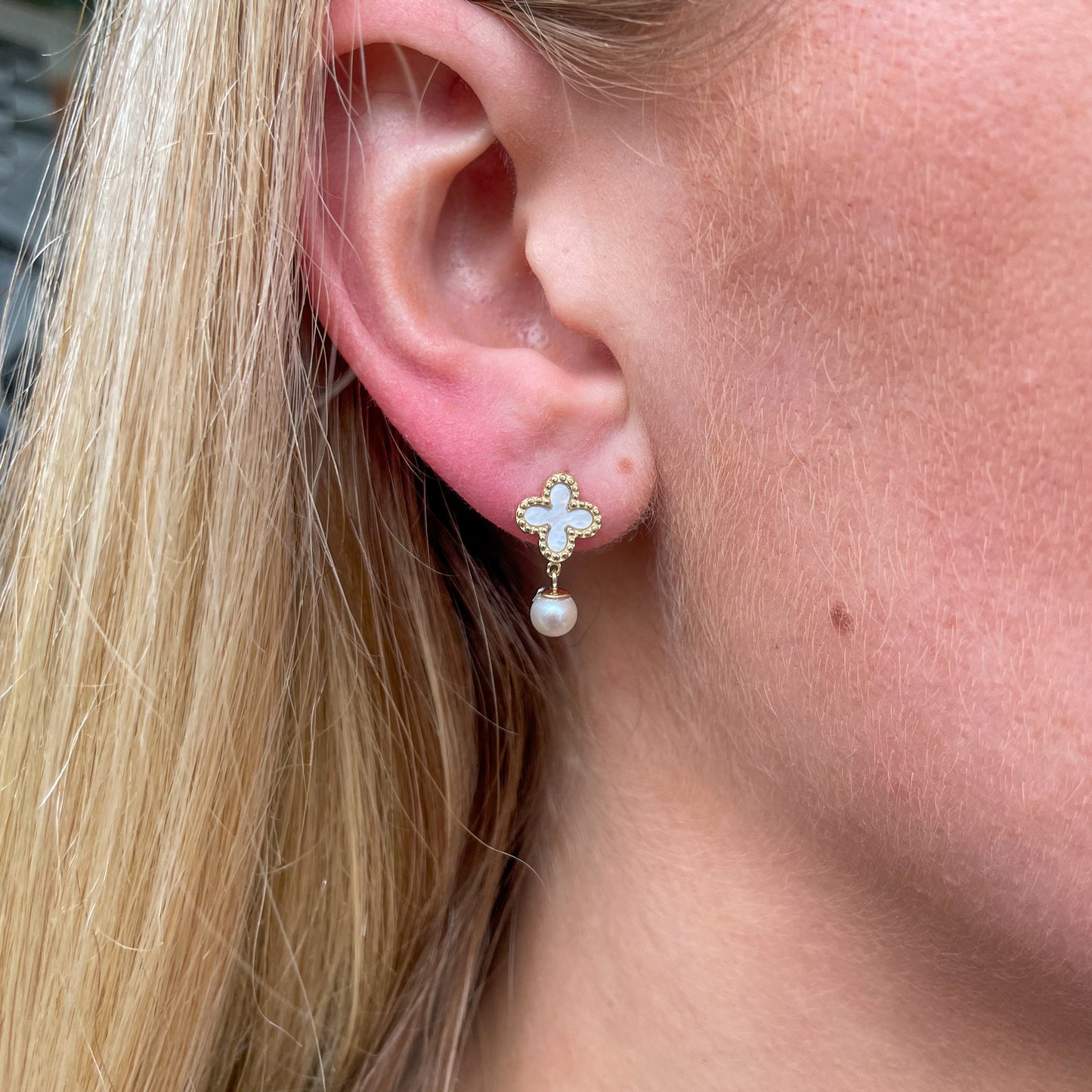 9ct Gold Mother of Pearl Quatrefoil & Pearl Drop Earrings - John Ross Jewellers