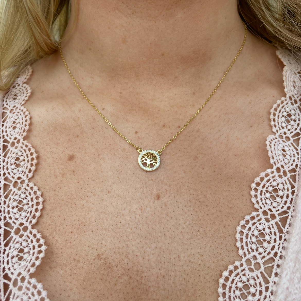 Sunshine CZ Tree of Life necklace by Comero featuring a pendant with sparkling cubic zirconia on a 42+3cm chain.