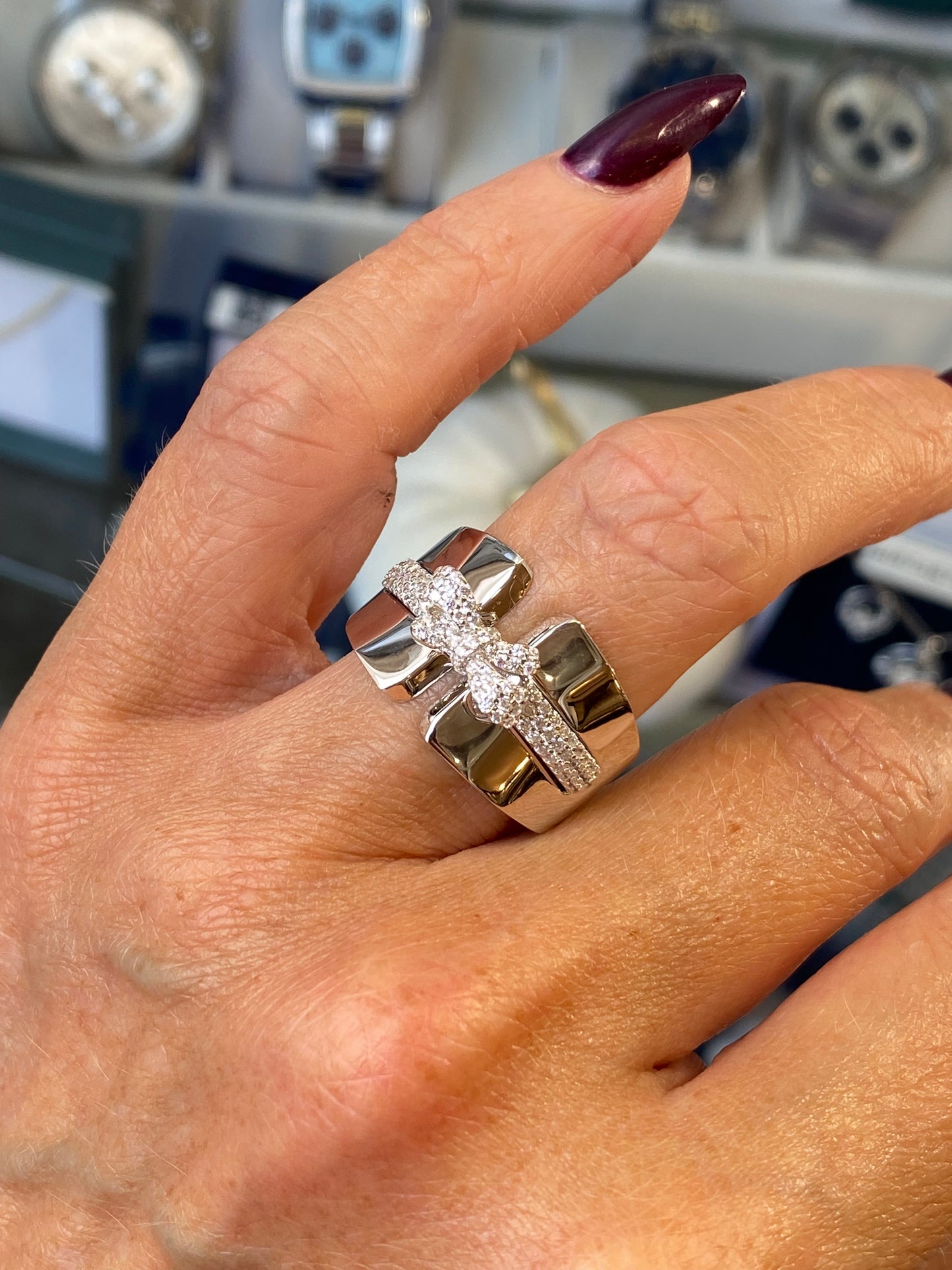 Silver CZ Statement Bow Band Ring - John Ross Jewellers