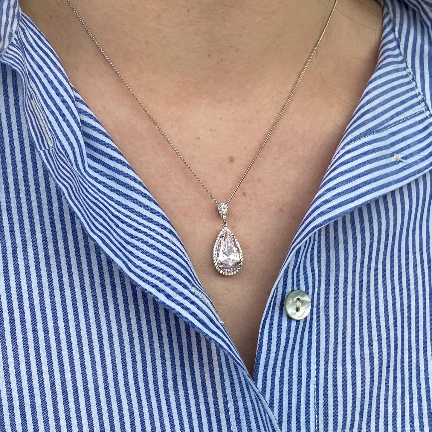 Silver Pear CZ Halo Necklace | Baby Pink - John Ross Jewellers