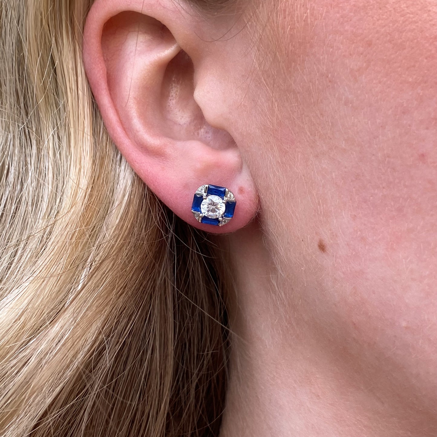 Silver Created Sapphire & CZ Cube Stud Earrings | C Flawless - John Ross Jewellers
