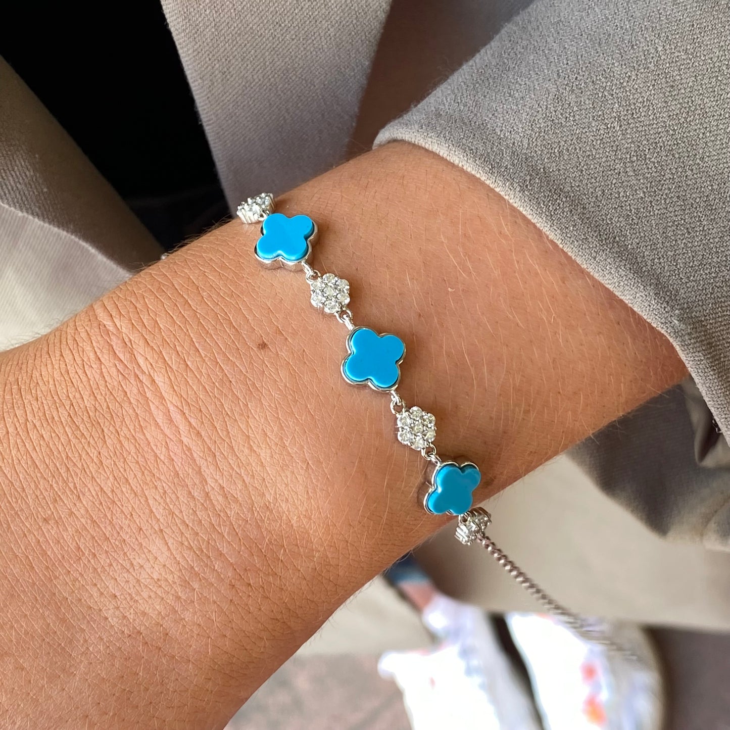 Silver CZ Bracelet | Turquoise Quatrefoil - John Ross Jewellers