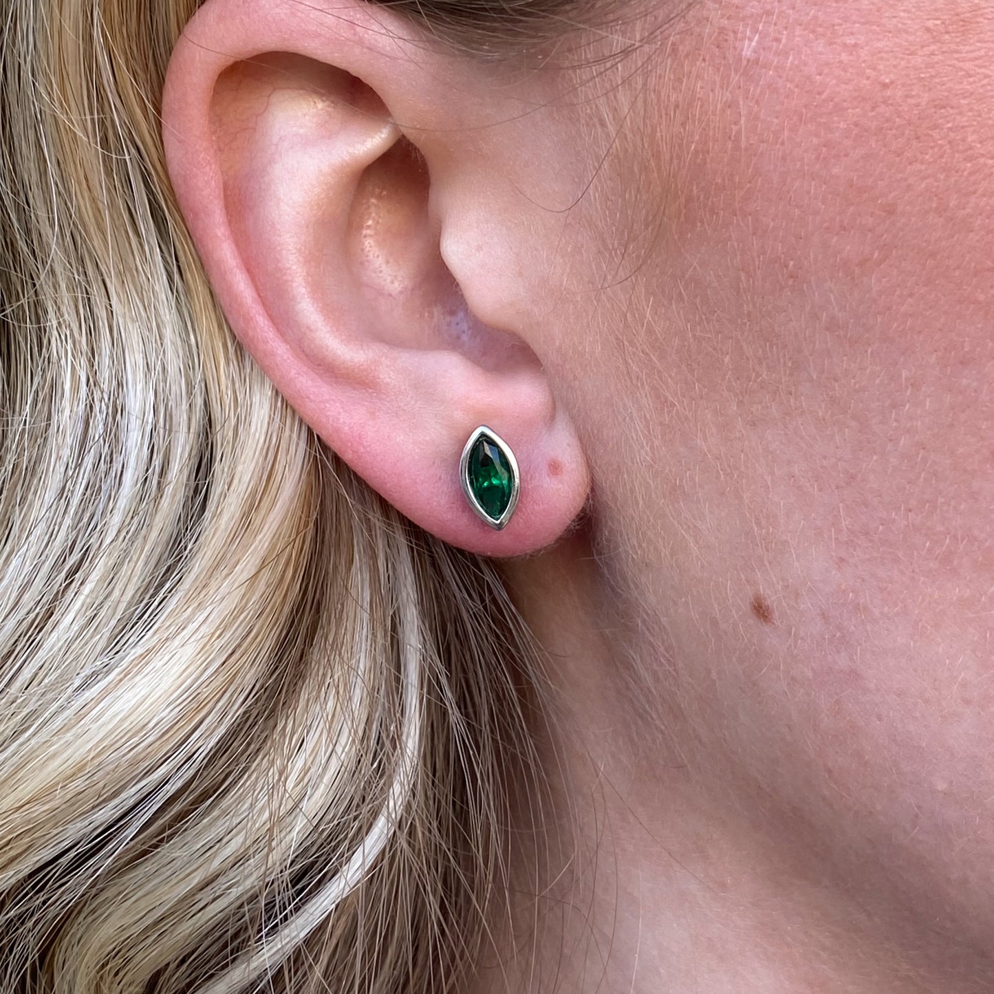 Silver Marquise Stud Earrings | Emerald Green - John Ross Jewellers