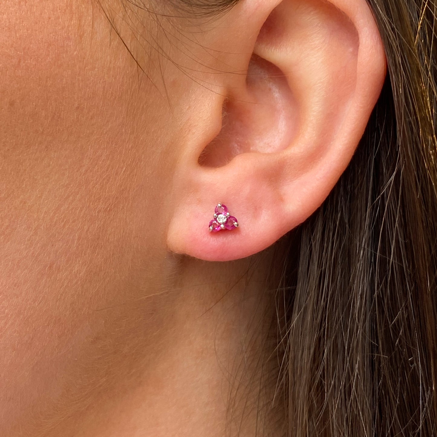 9ct White Gold Ruby & Diamond Trinity Stud Earrings - John Ross Jewellers