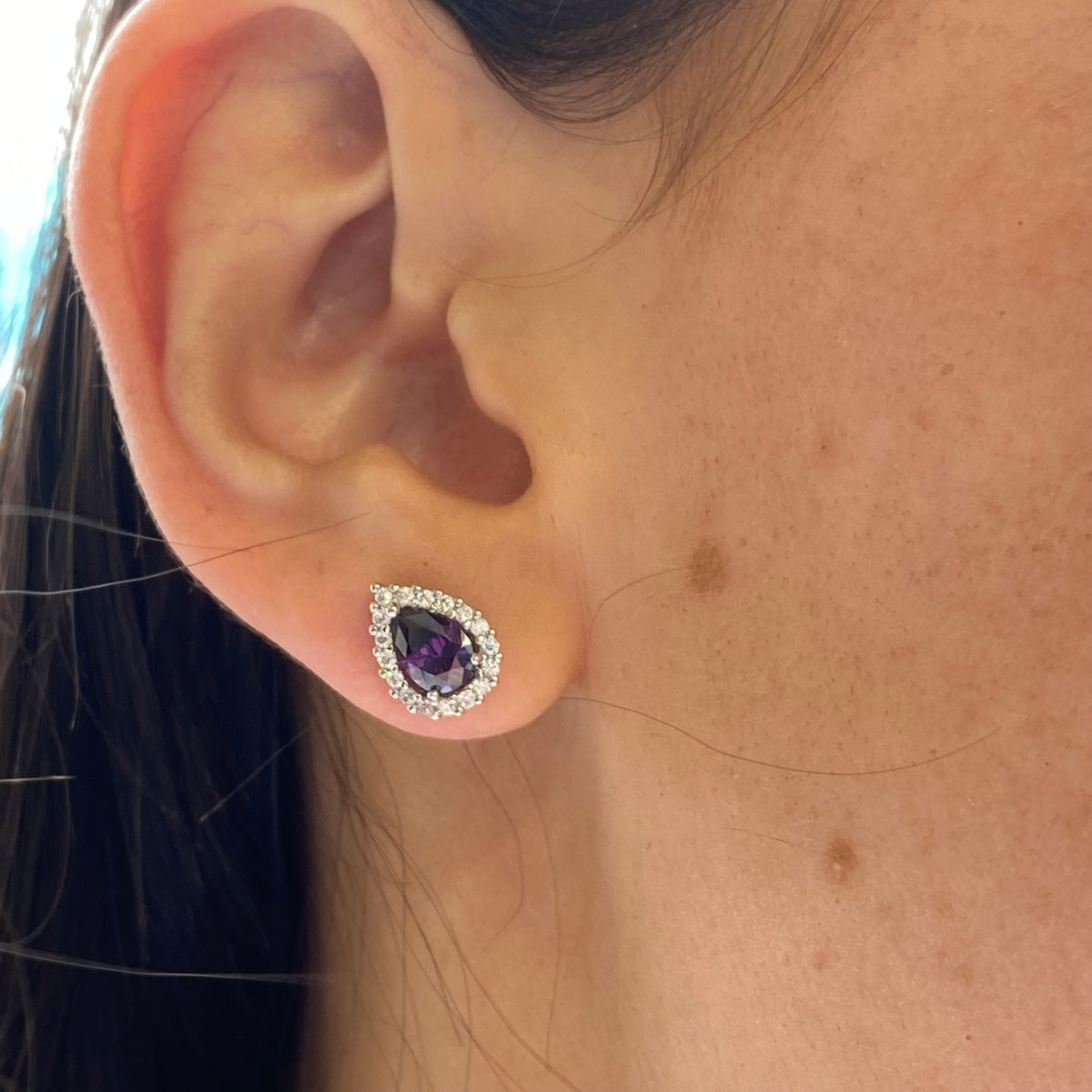 Silver Pear Halo CZ Stud Earrings | Created Amethyst