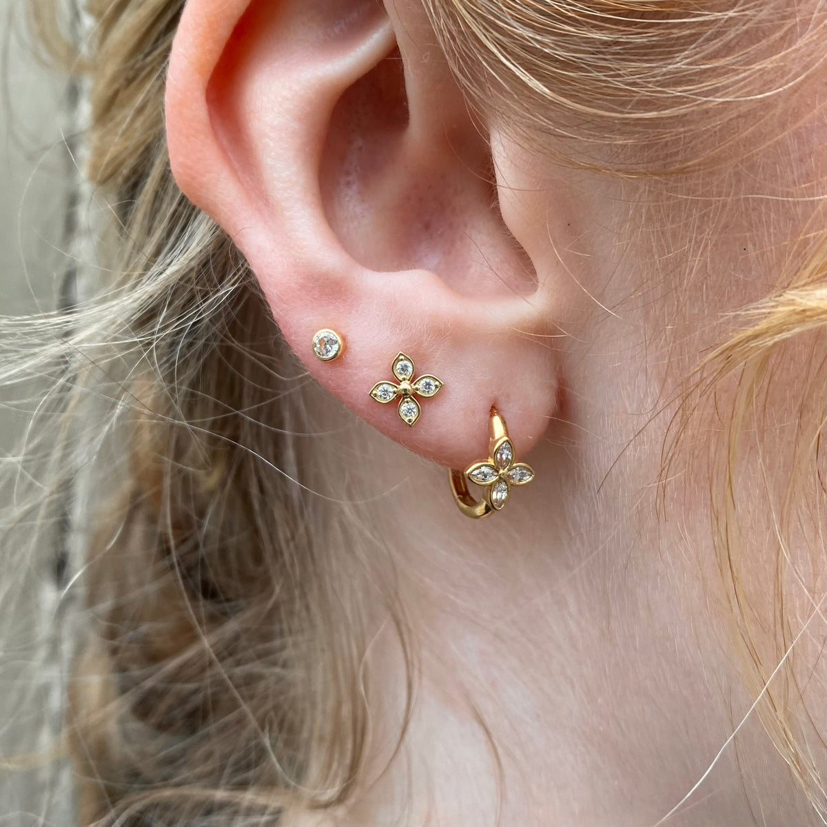 9ct gold CZ Venetian quatrefoil stud earrings with intricate floral pattern, showcasing elegant jewelry design by THC.