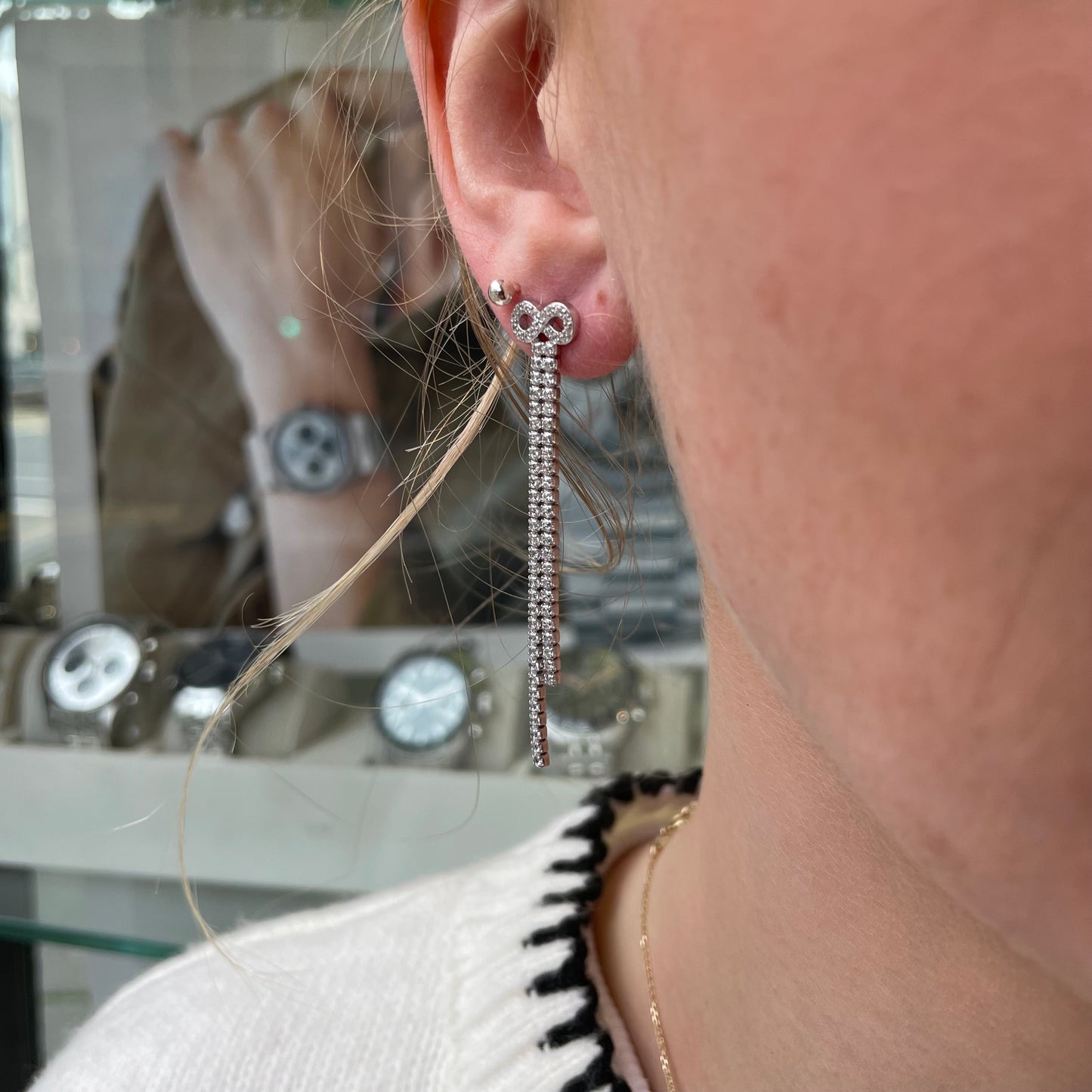 Silver CZ Long Bow Drop Earrings - John Ross Jewellers