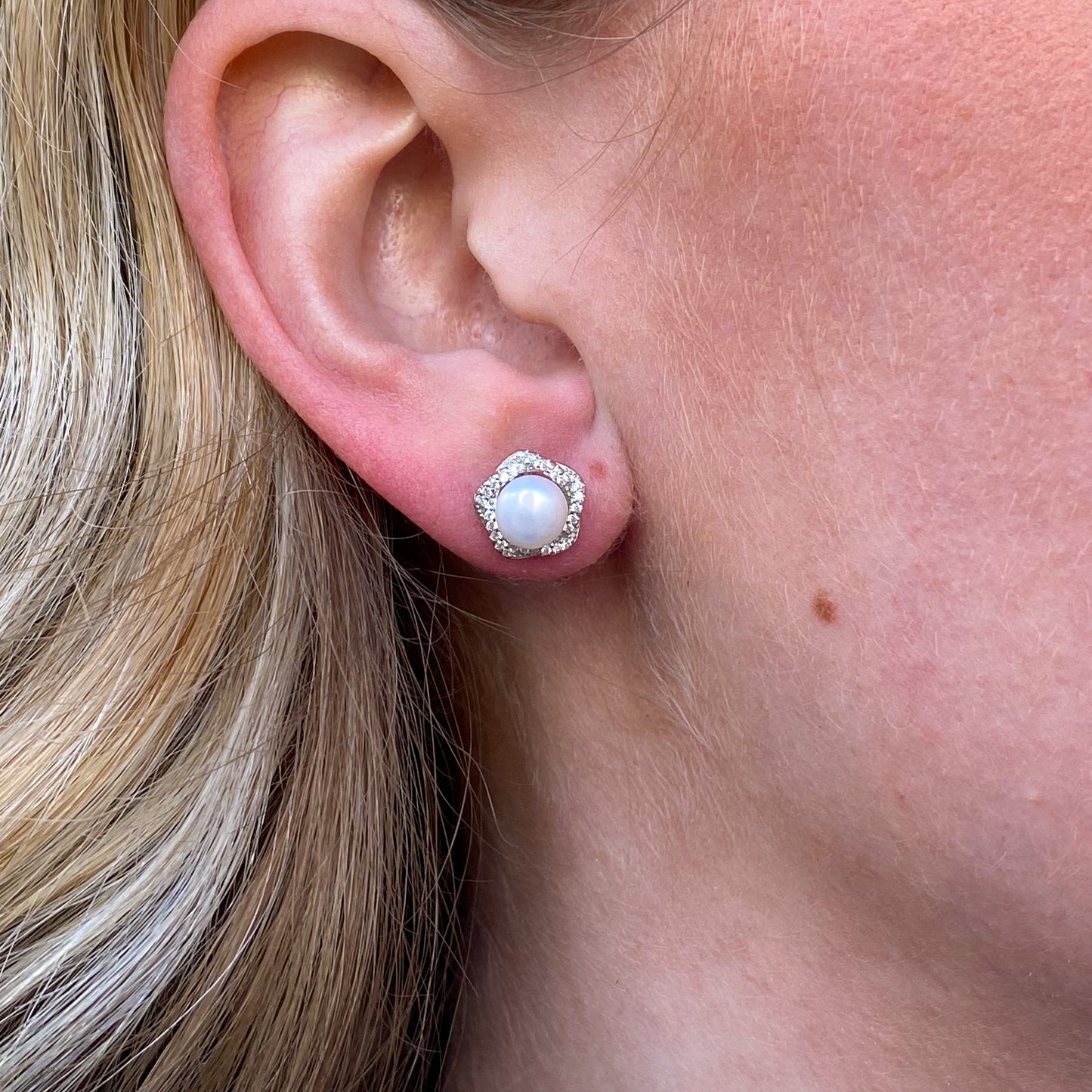 Silver Freshwater Pearl Button Stud Earrings | Floral - John Ross Jewellers