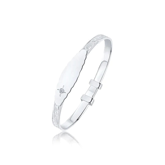 Kids Sterling Silver White CZ Identity Bangle | Floral Leaf - John Ross Jewellers