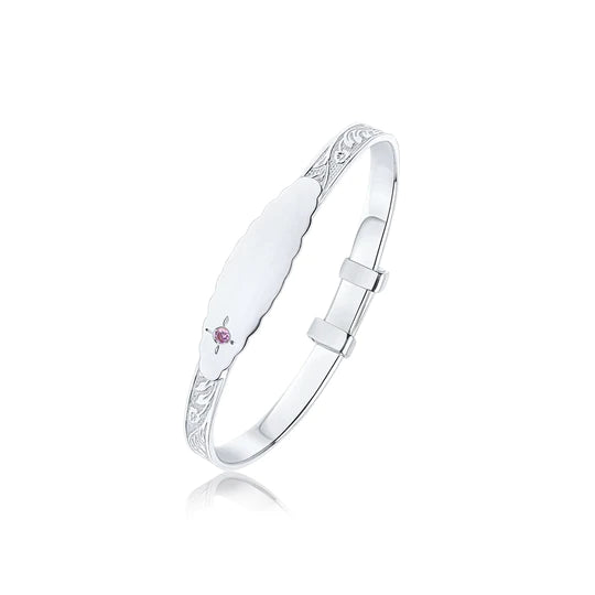 Kids Sterling Silver Pink CZ Identity Bangle | Floral Leaf - John Ross Jewellers