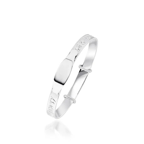 Herbert kids sterling silver baby bangle with teddy bear charms, featuring an identification plate for personalized engraving.
