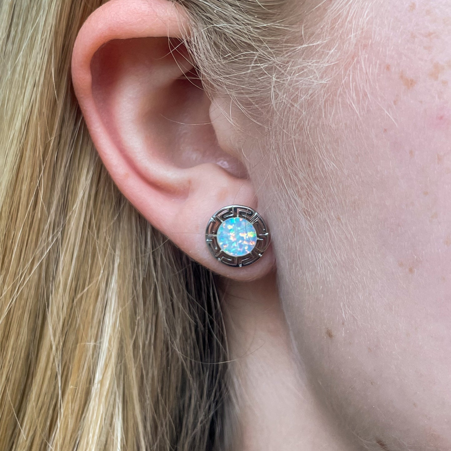 Silver Round Opalique Greco Stud Earrings - John Ross Jewellers