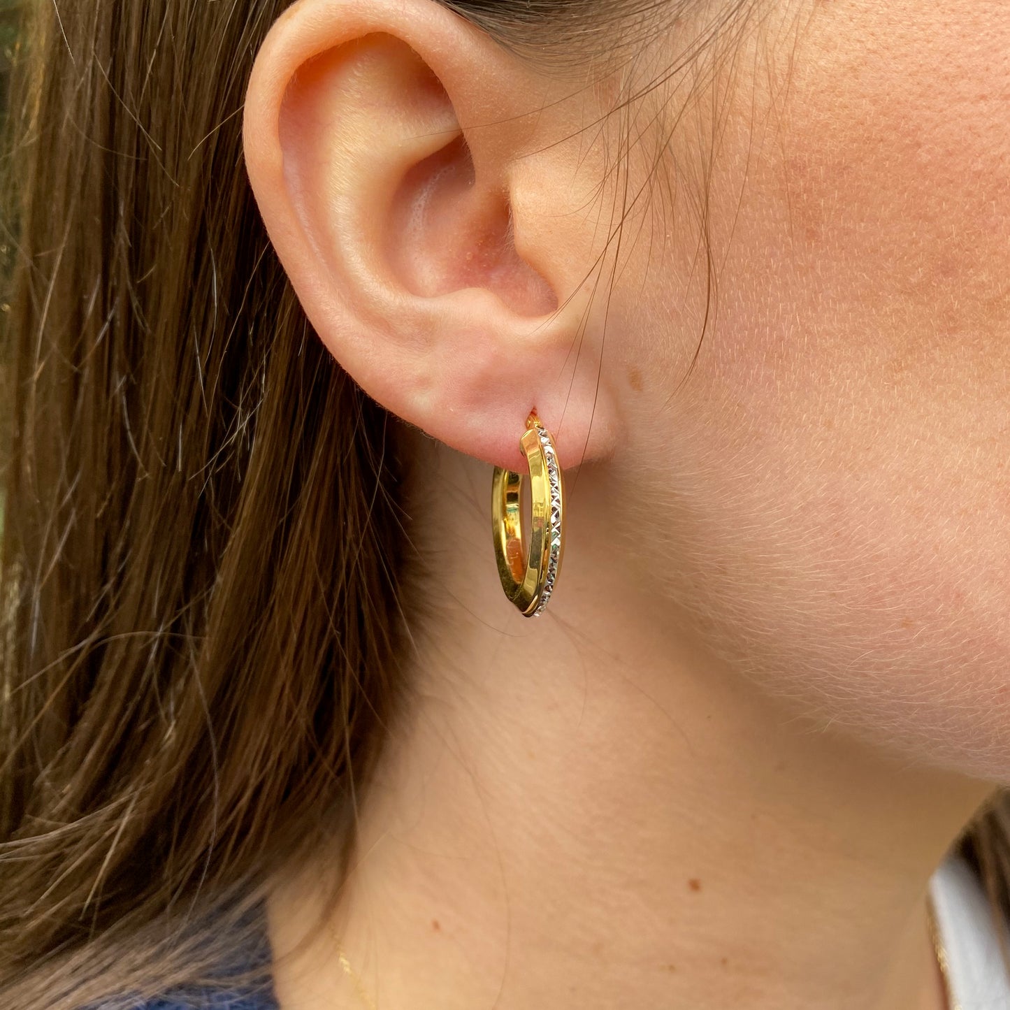 9ct Two Tone Diamond Cut Edged Hoop Earrings | 23mm - John Ross Jewellers