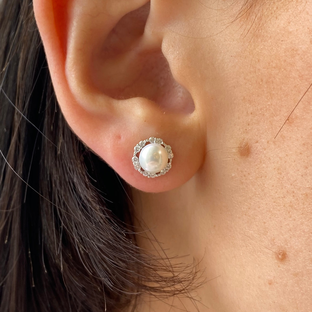 Silver Freshwater Pearl & CZ Halo Stud Earrings