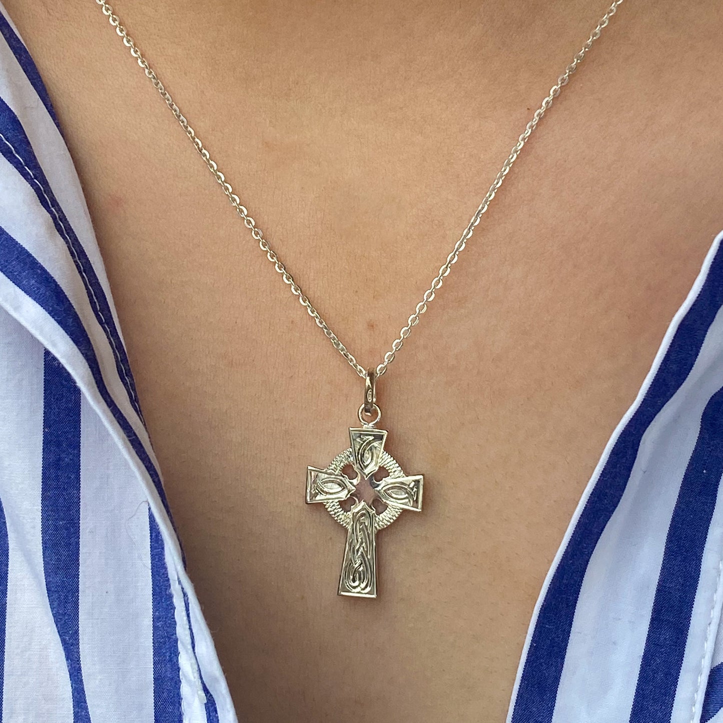 Silver Hand Engraved Celtic Cross Necklace - Medium - John Ross Jewellers