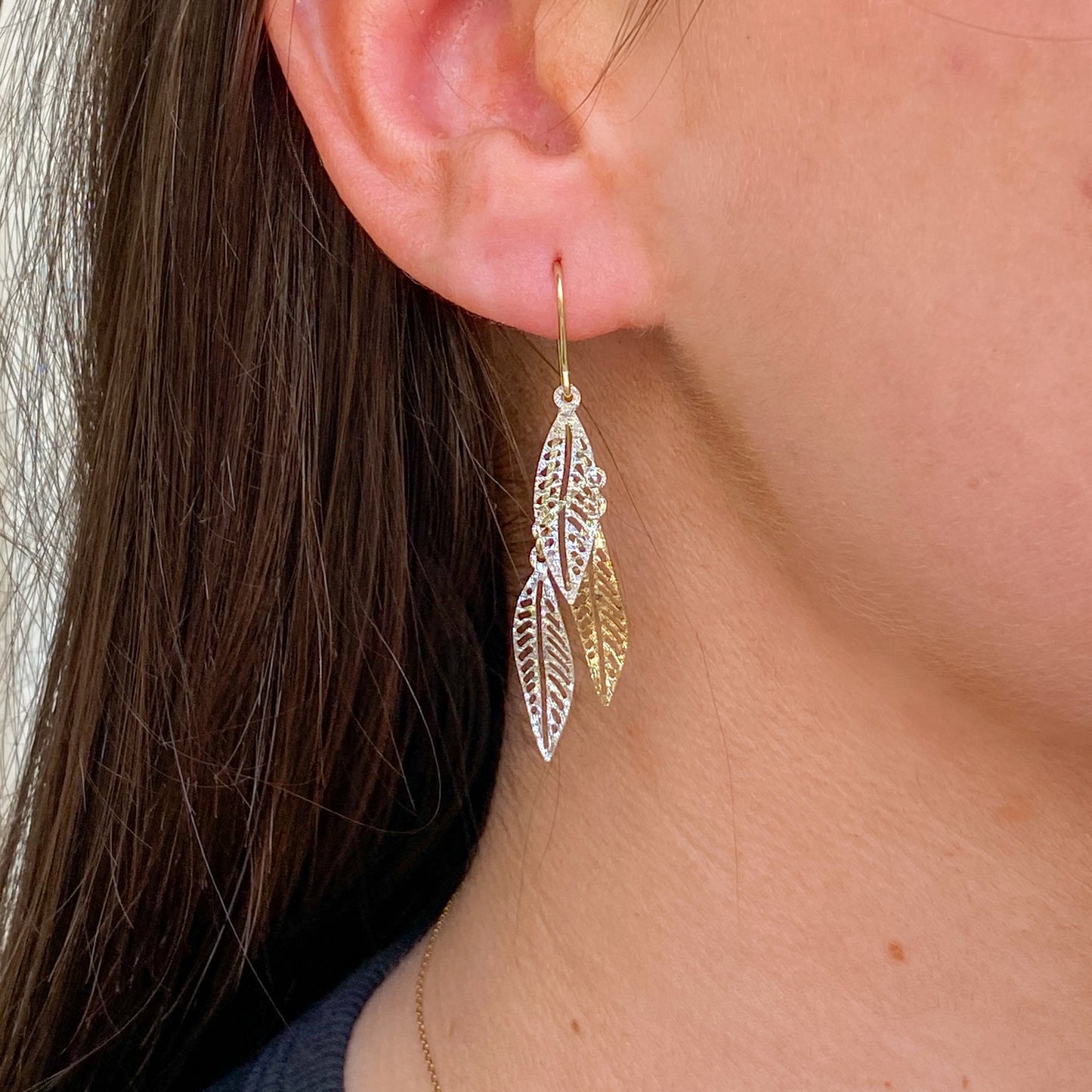 9ct Gold Two Tone Triple Slim Leaf Drop Earrings - John Ross Jewellers