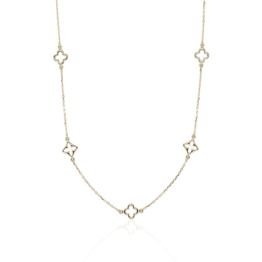 9ct gold quatrefoil necklace by Mark Milton featuring a delicate design and polished finish, close-up of the jewelry on a white background.