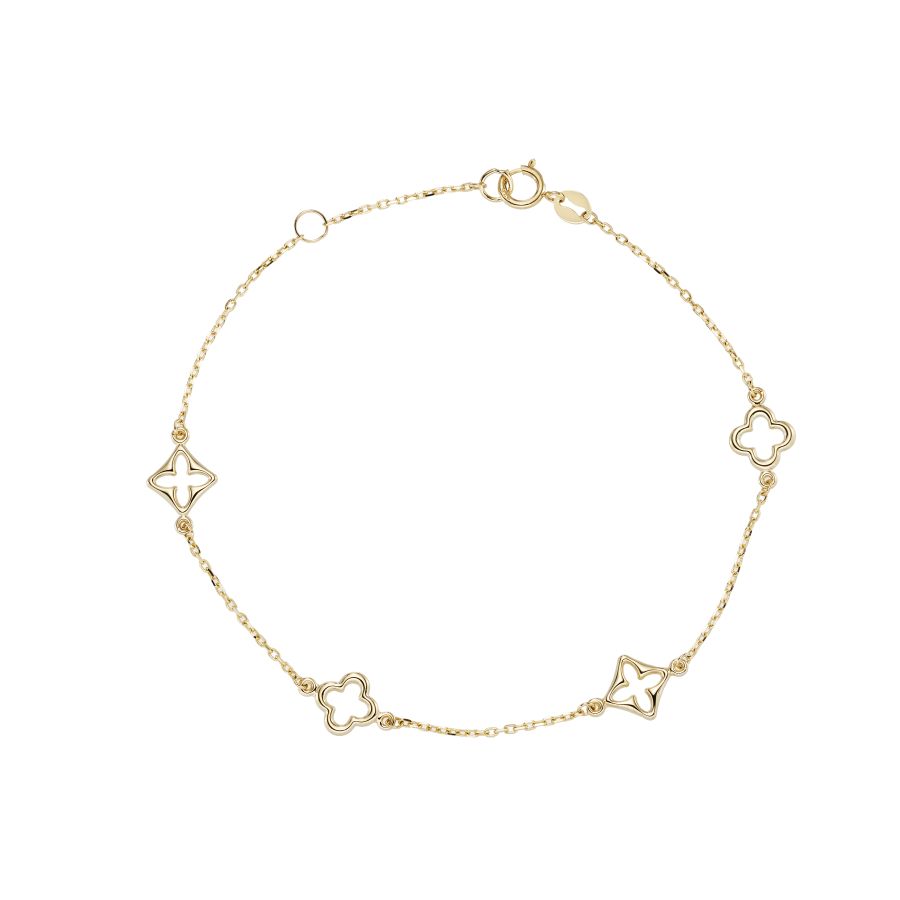 9ct gold quatrefoil bracelet by Mark Milton, close-up of elegant gold links with intricate quatrefoil design.