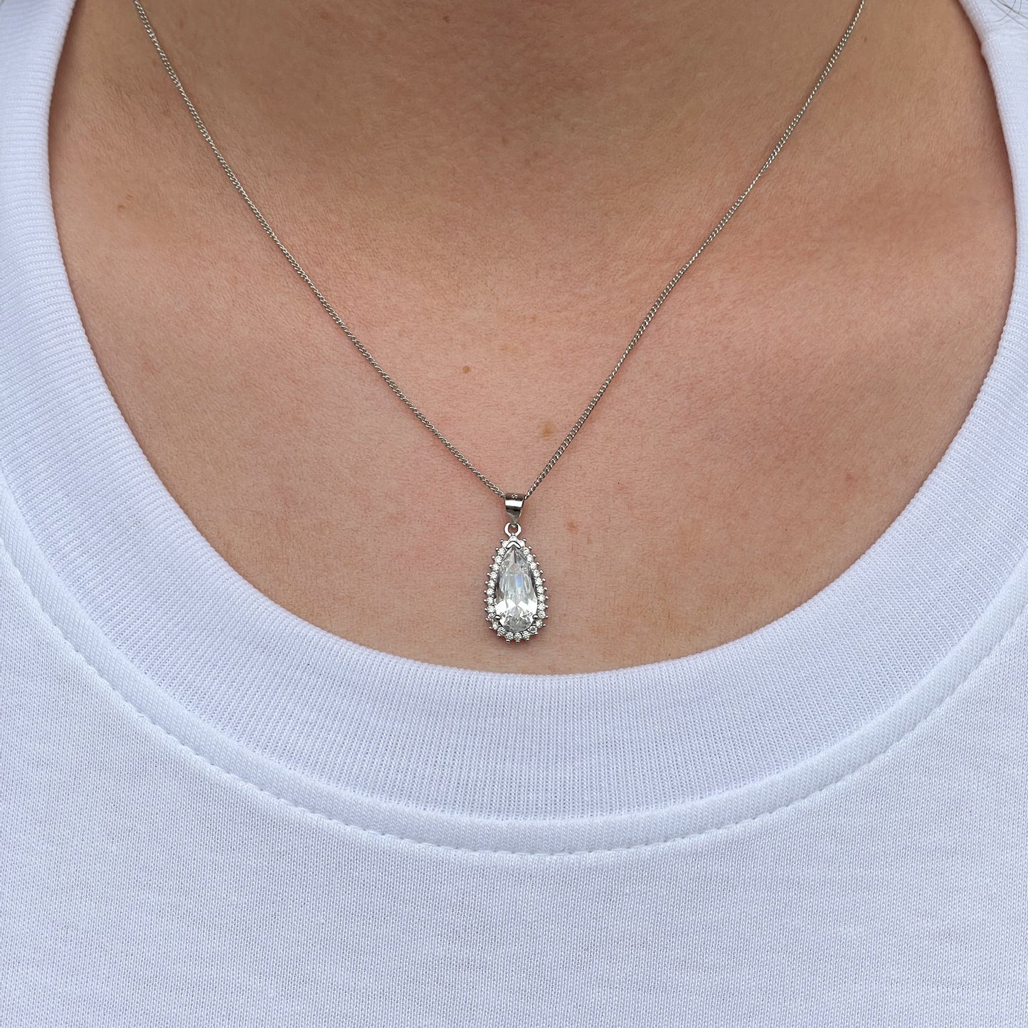 Silver CZ Pear Halo Earring & Necklace Set - John Ross Jewellers