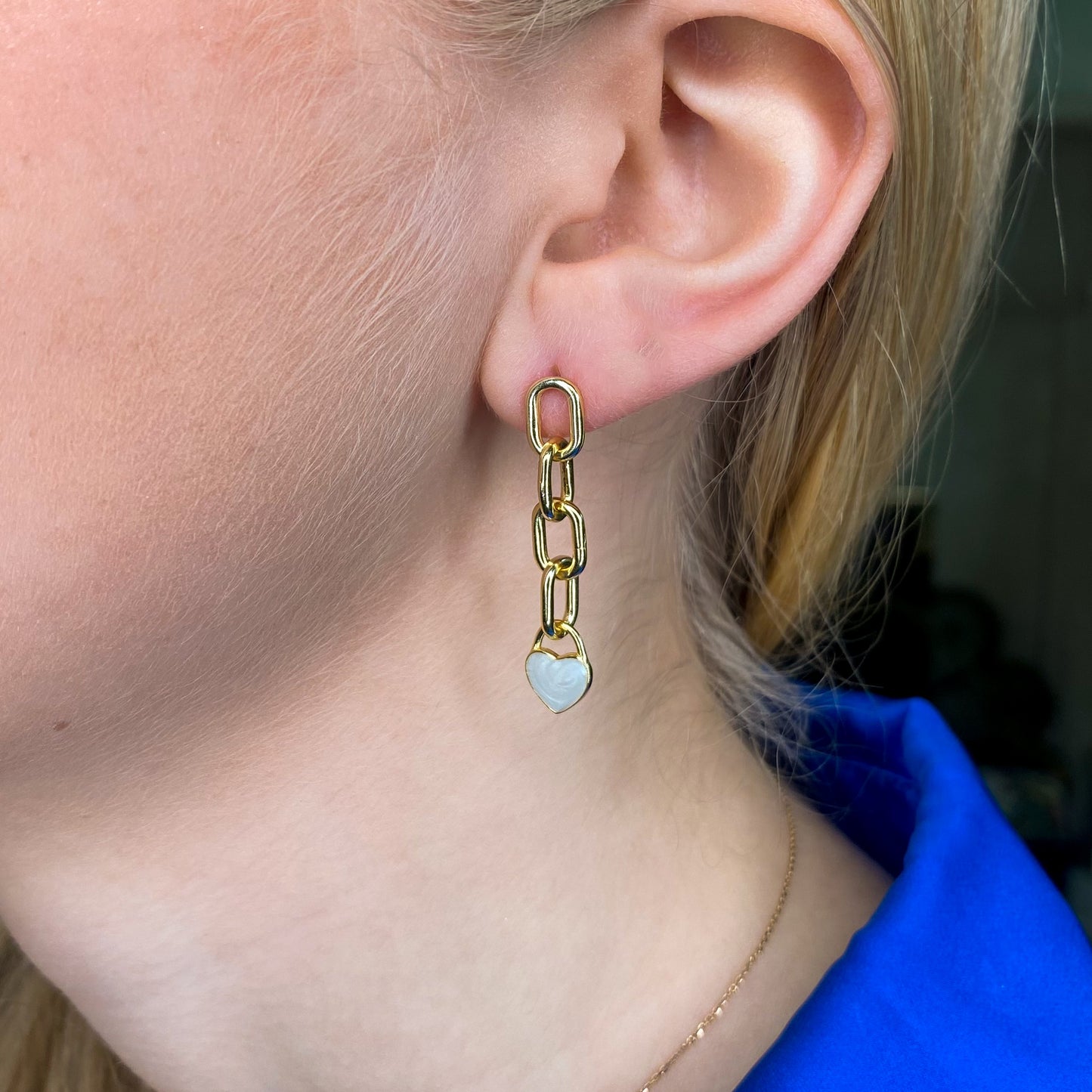 Sunshine White Enamel Heart Chain Drop Earrings - John Ross Jewellers