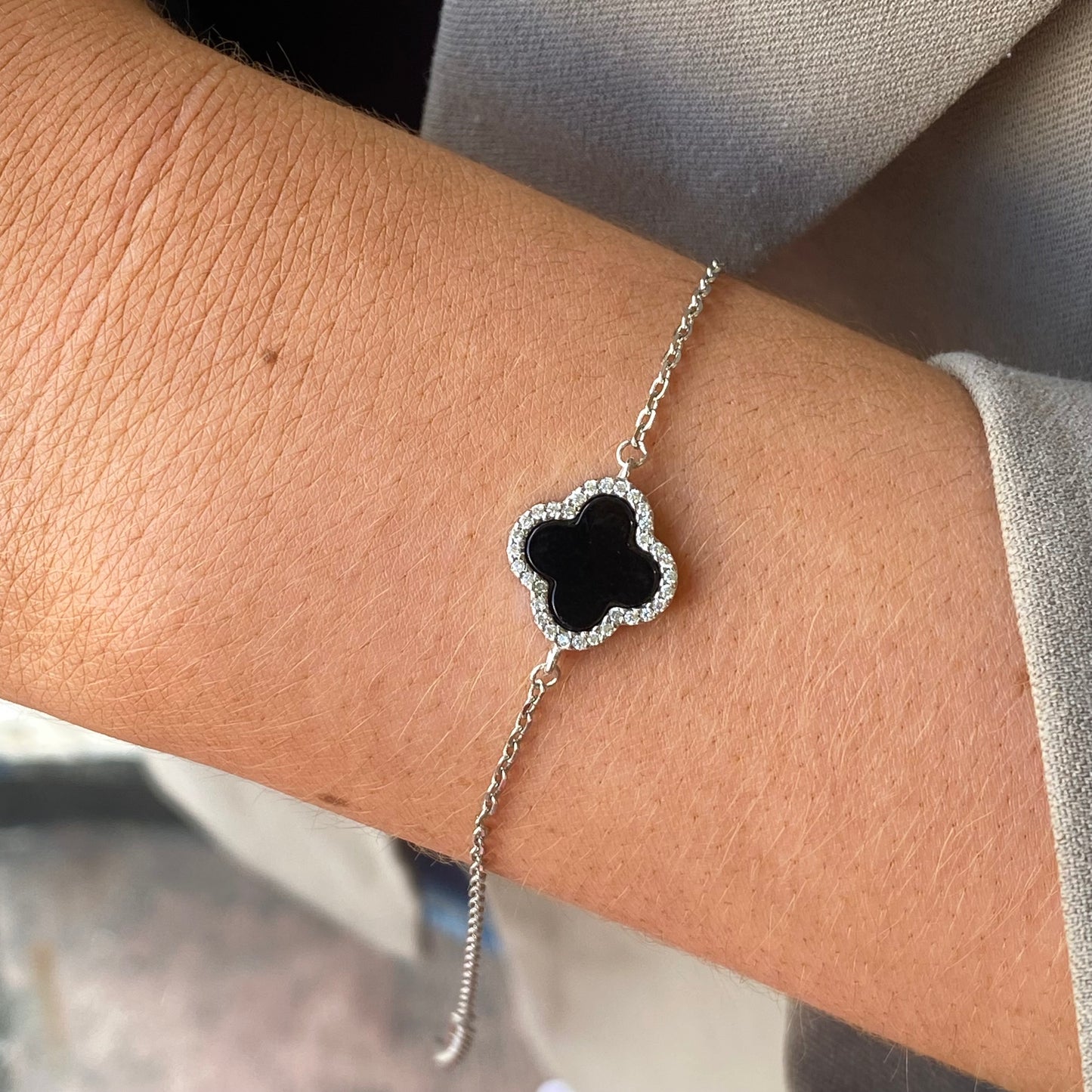 Silver CZ Bracelet | Onyx Quatrefoil - John Ross Jewellers