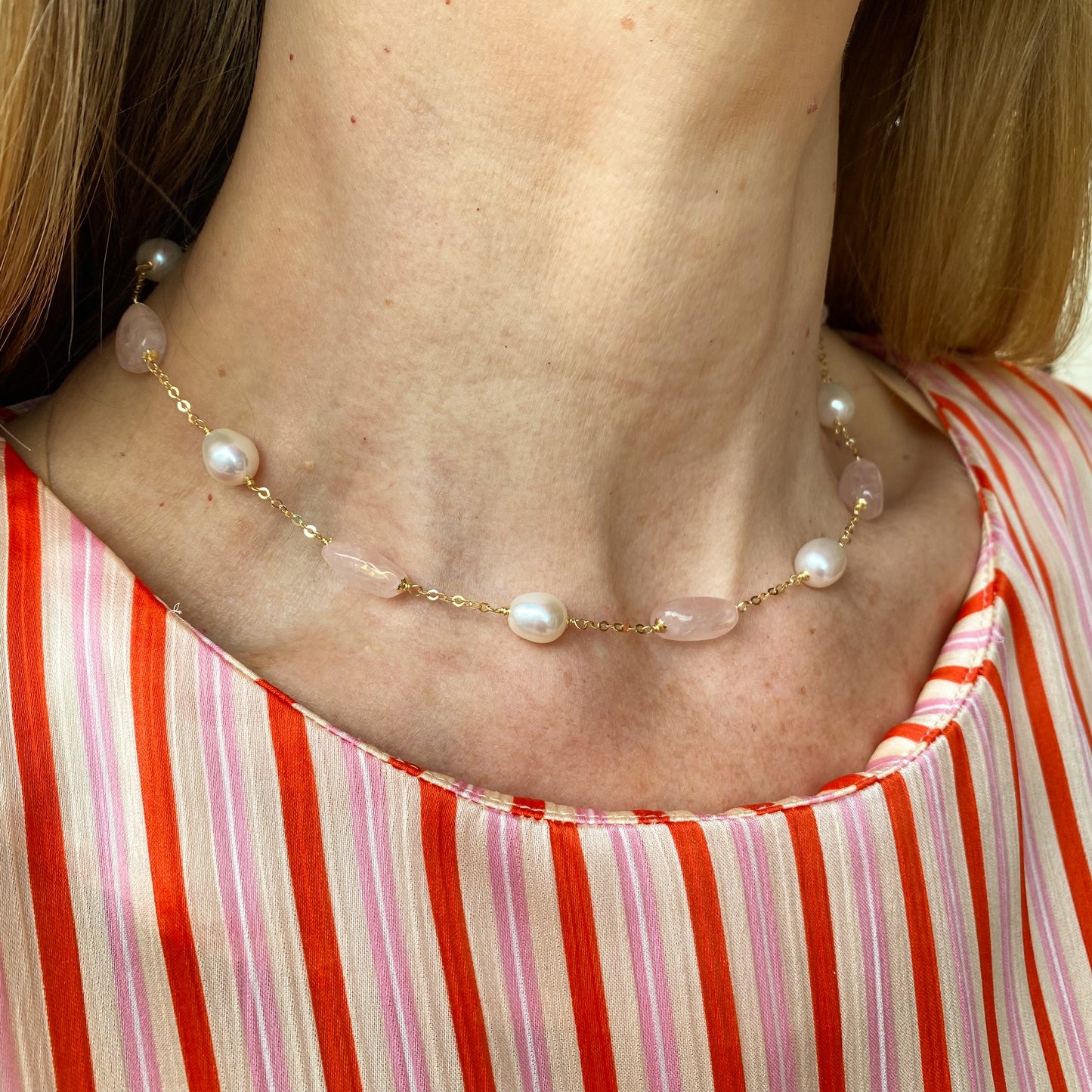 18ct Gold Rose Quartz, Pearl & Chain Necklace - John Ross Jewellers