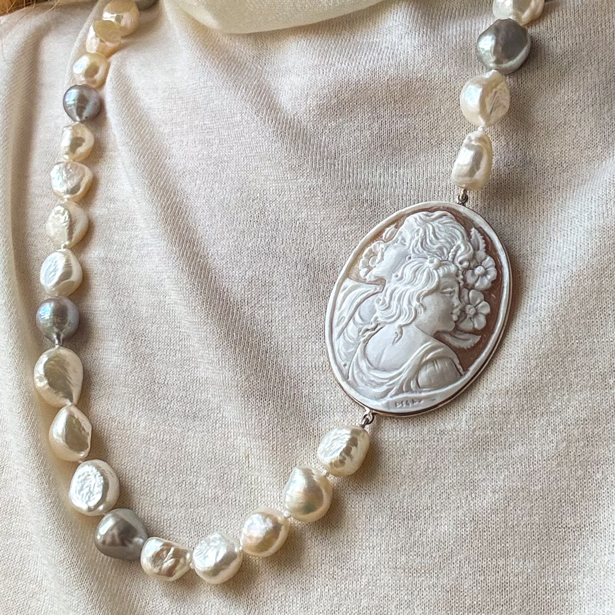 Two Ladies Cameo & Freshwater Pearl Statement Necklace - John Ross Jewellers