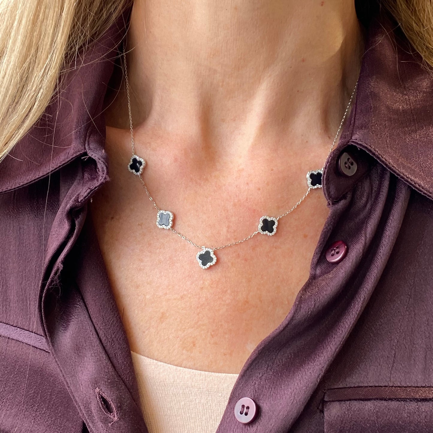 Silver Quatrefoil Necklace | Onyx & CZ - John Ross Jewellers