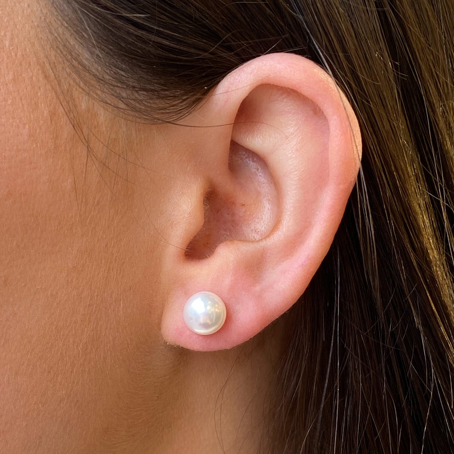 Bruno 18ct gold freshwater pearl button stud earrings with 8mm round pearls, elegant jewelry for everyday or special occasions.