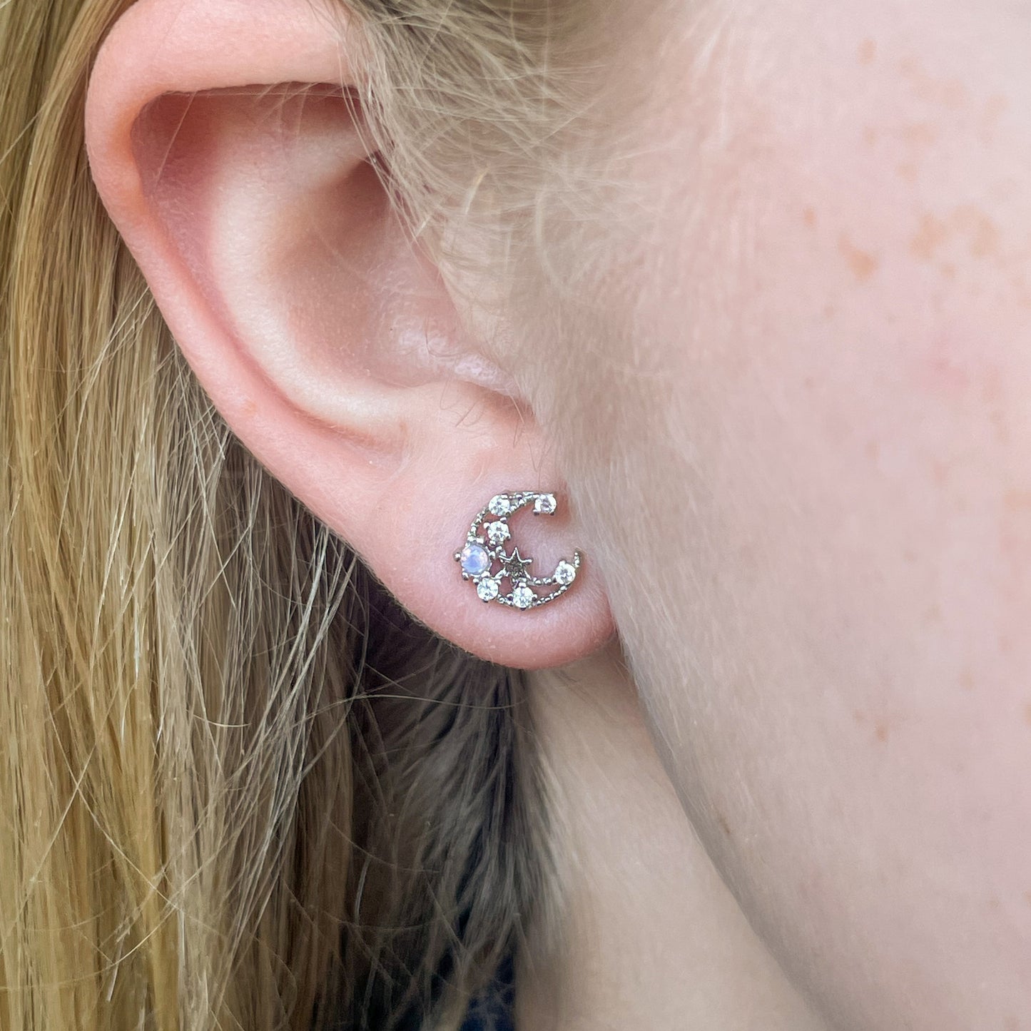 Silver Stellar Crescent Stud Earrings | CZ & Crystal - John Ross Jewellers