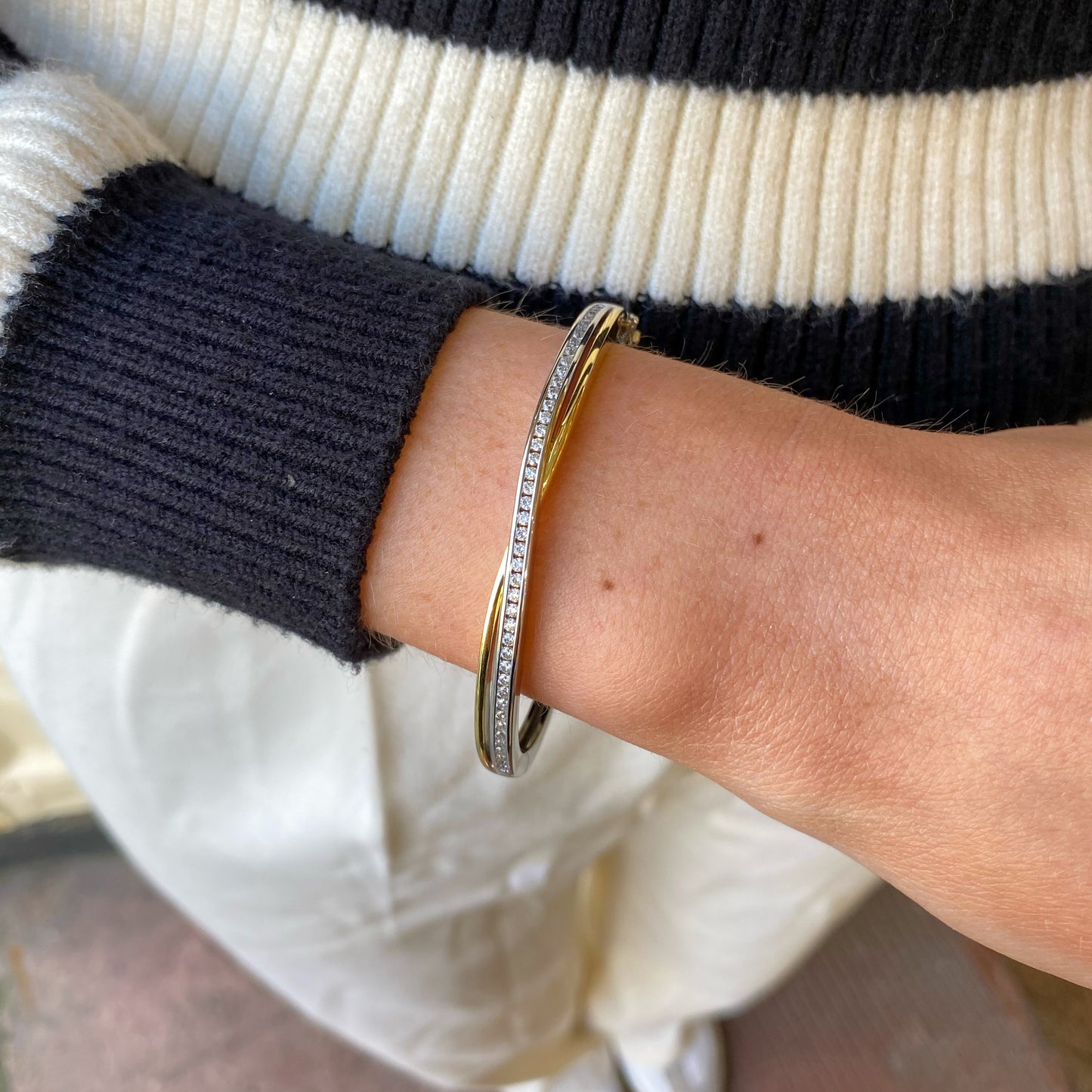 Sunshine CZ Crossover Silver Bangle - John Ross Jewellers