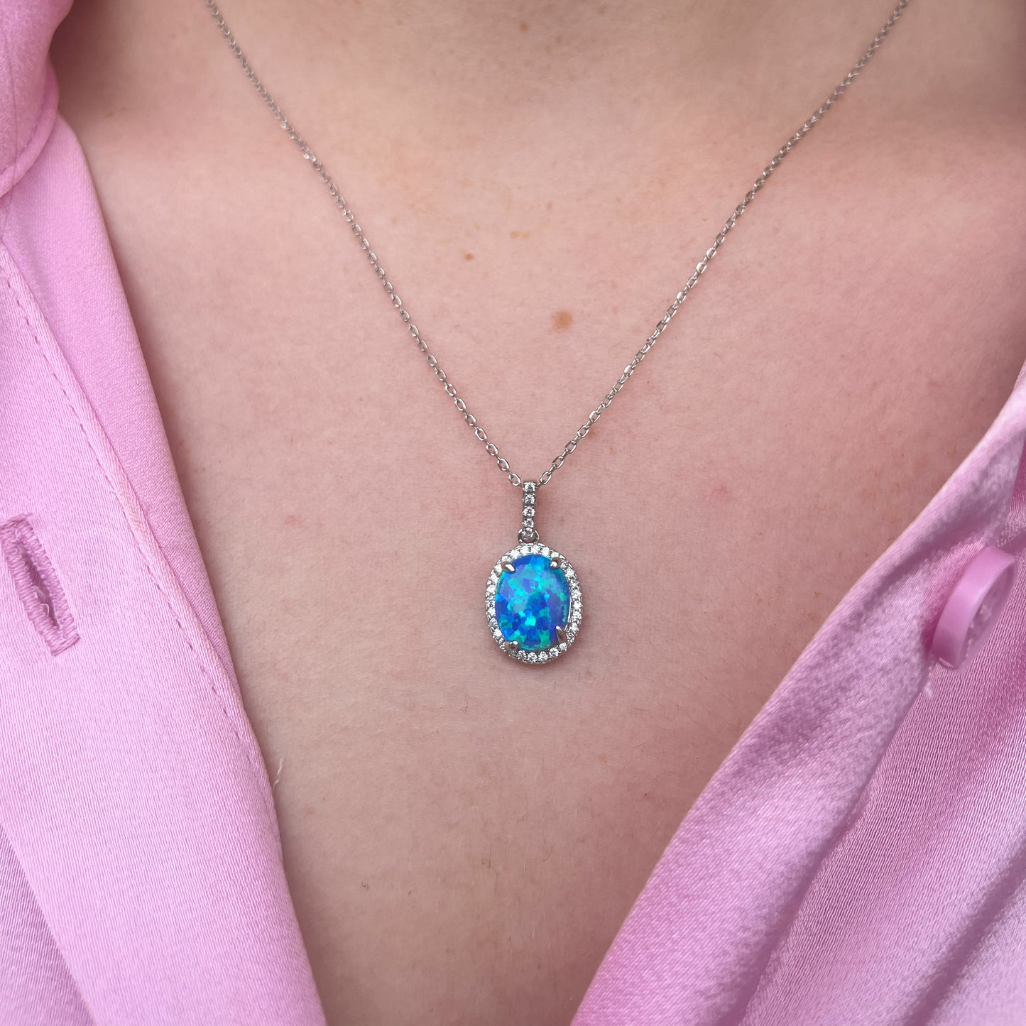 Silver Opalique & CZ Oval Necklace | Blue - John Ross Jewellers