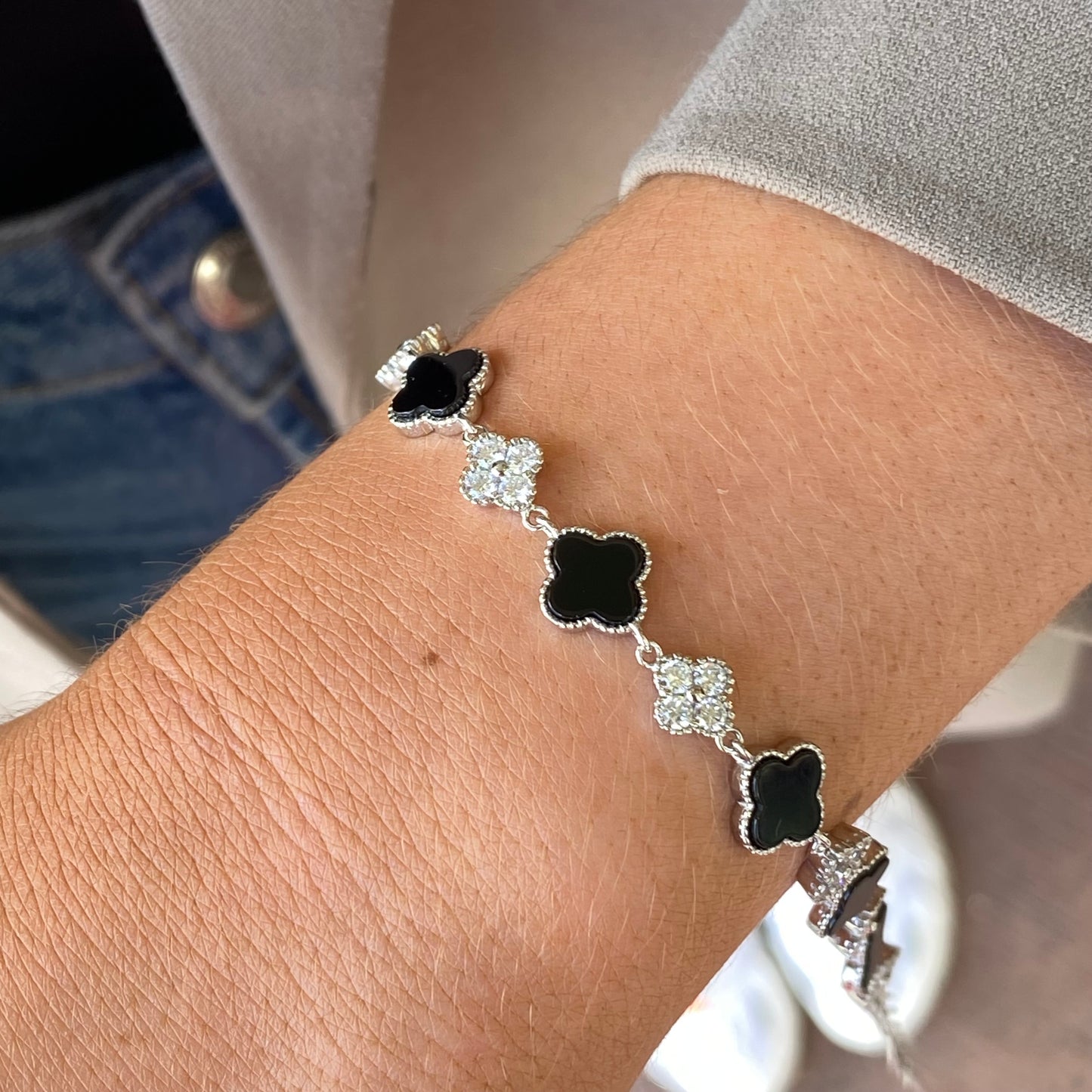 Silver CZ Tennis Bracelet | Onyx Quatrefoil - John Ross Jewellers