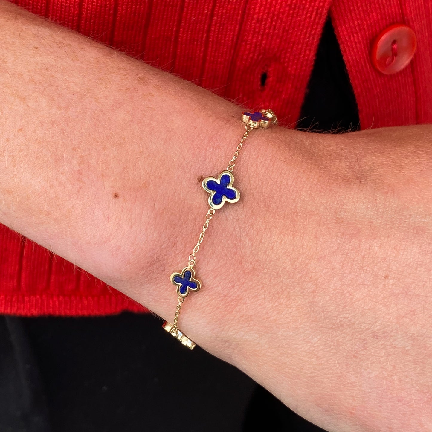 9ct Gold Lapis Lazuli Graduated Quatrefoil Bracelet - John Ross Jewellers