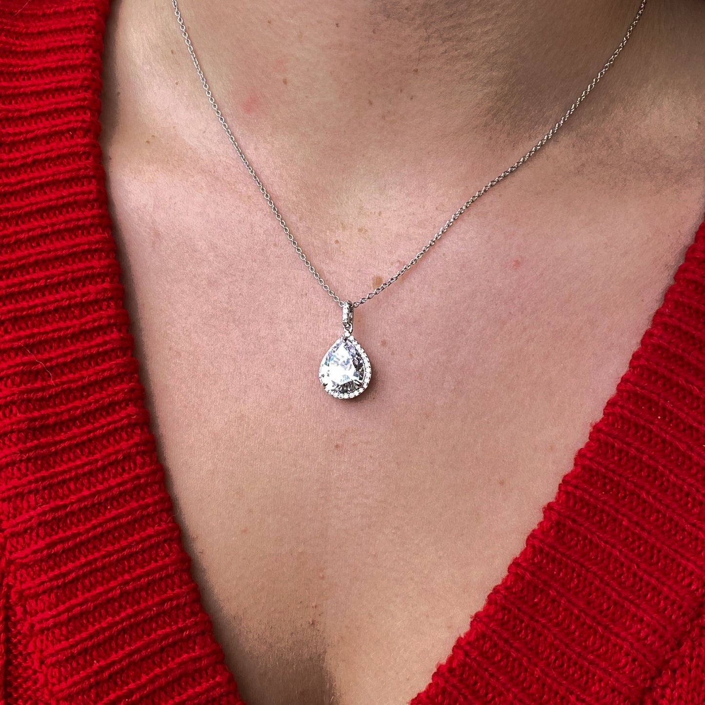 Silver CZ Pear Halo Necklace - John Ross Jewellers