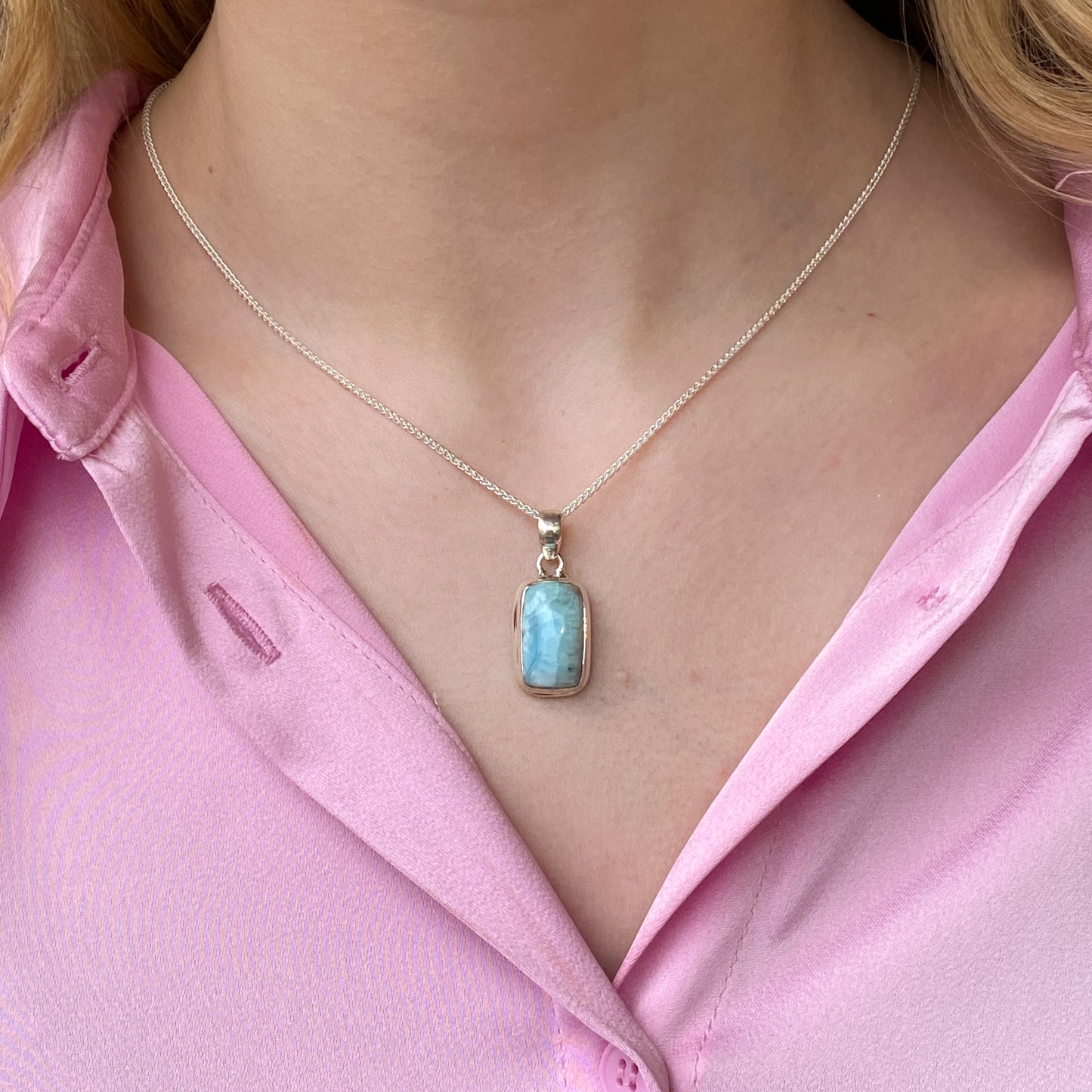 Silver Rectangular Larimar Pendant Necklace - John Ross Jewellers