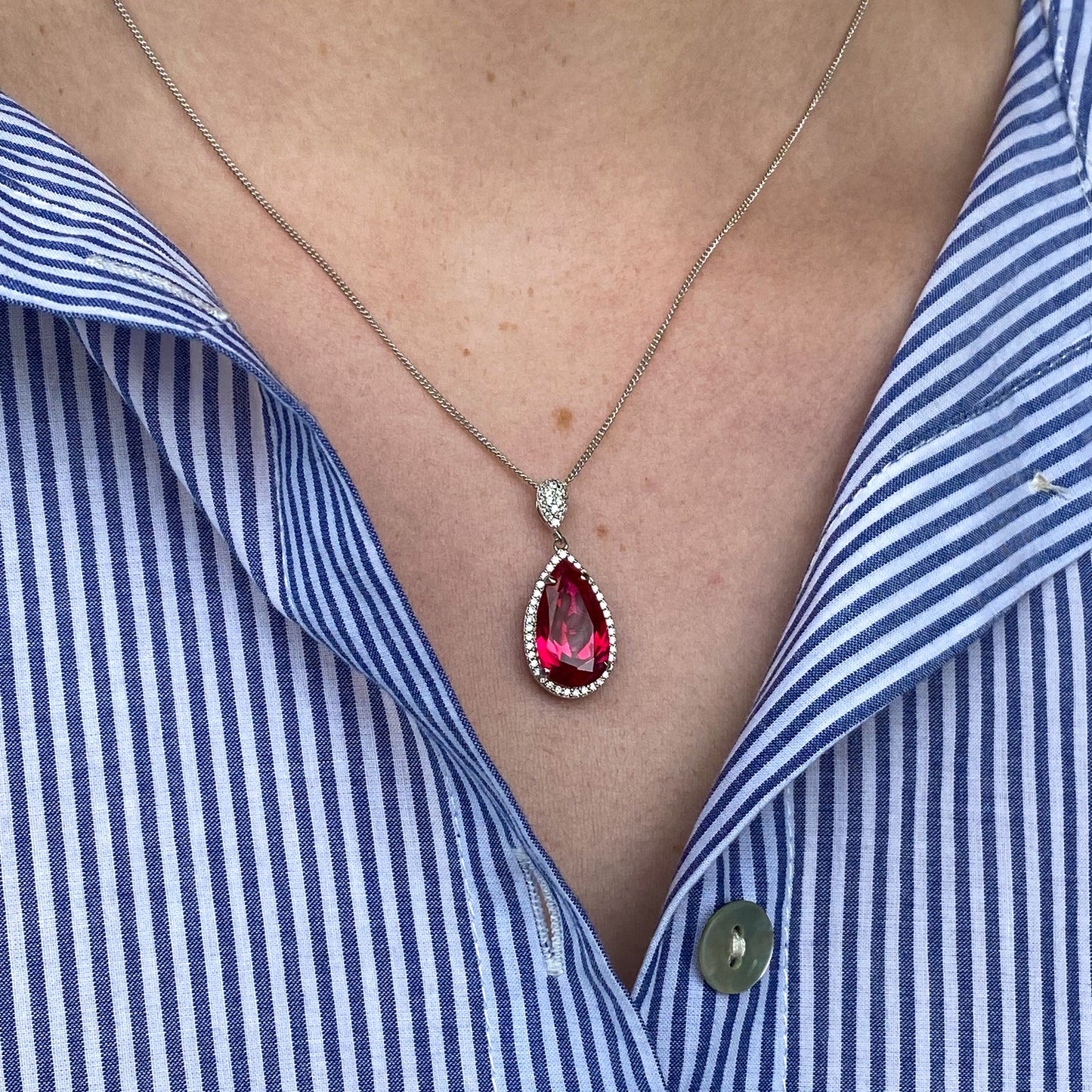 Silver Pear CZ Halo Necklace | Ruby Red - John Ross Jewellers