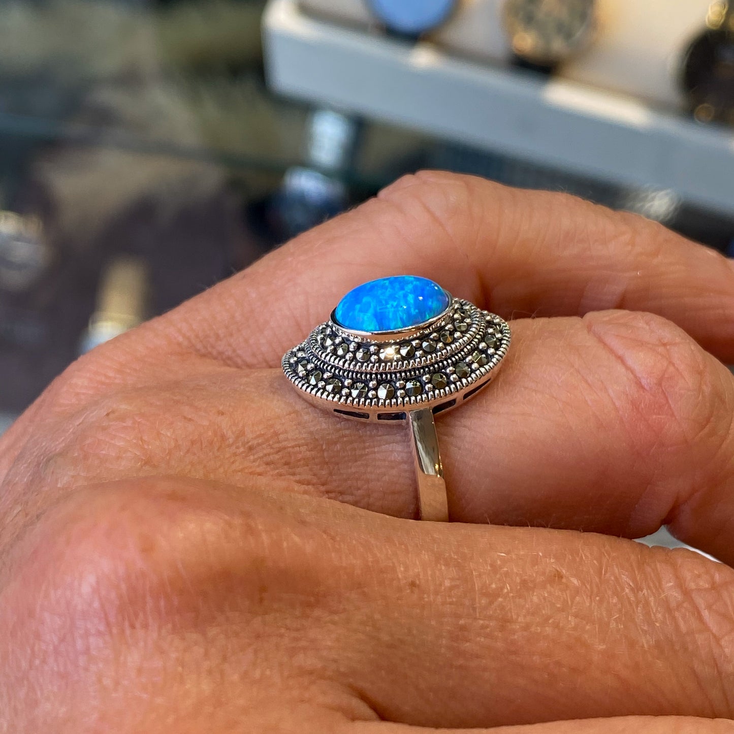 Silver Marcasite & Blue Opalique Oval Ring - John Ross Jewellers
