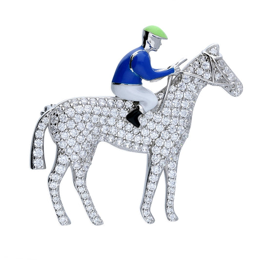 Silver CZ & Enamel Horse & Jockey Brooch