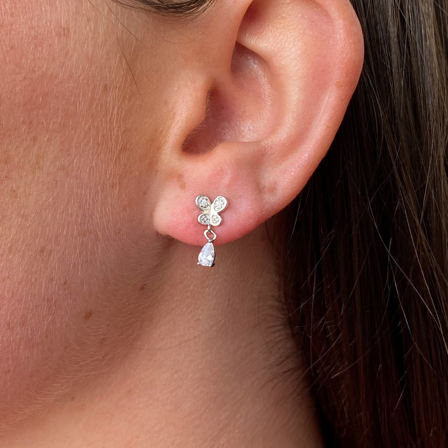 Silver Pretty CZ Butterfly Drop Earrings - John Ross Jewellers