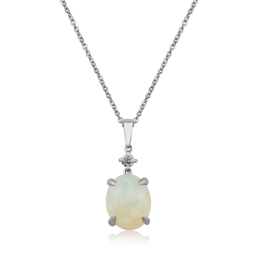 9ct White Gold Gem Opal & Diamond Pendant Necklace - John Ross Jewellers