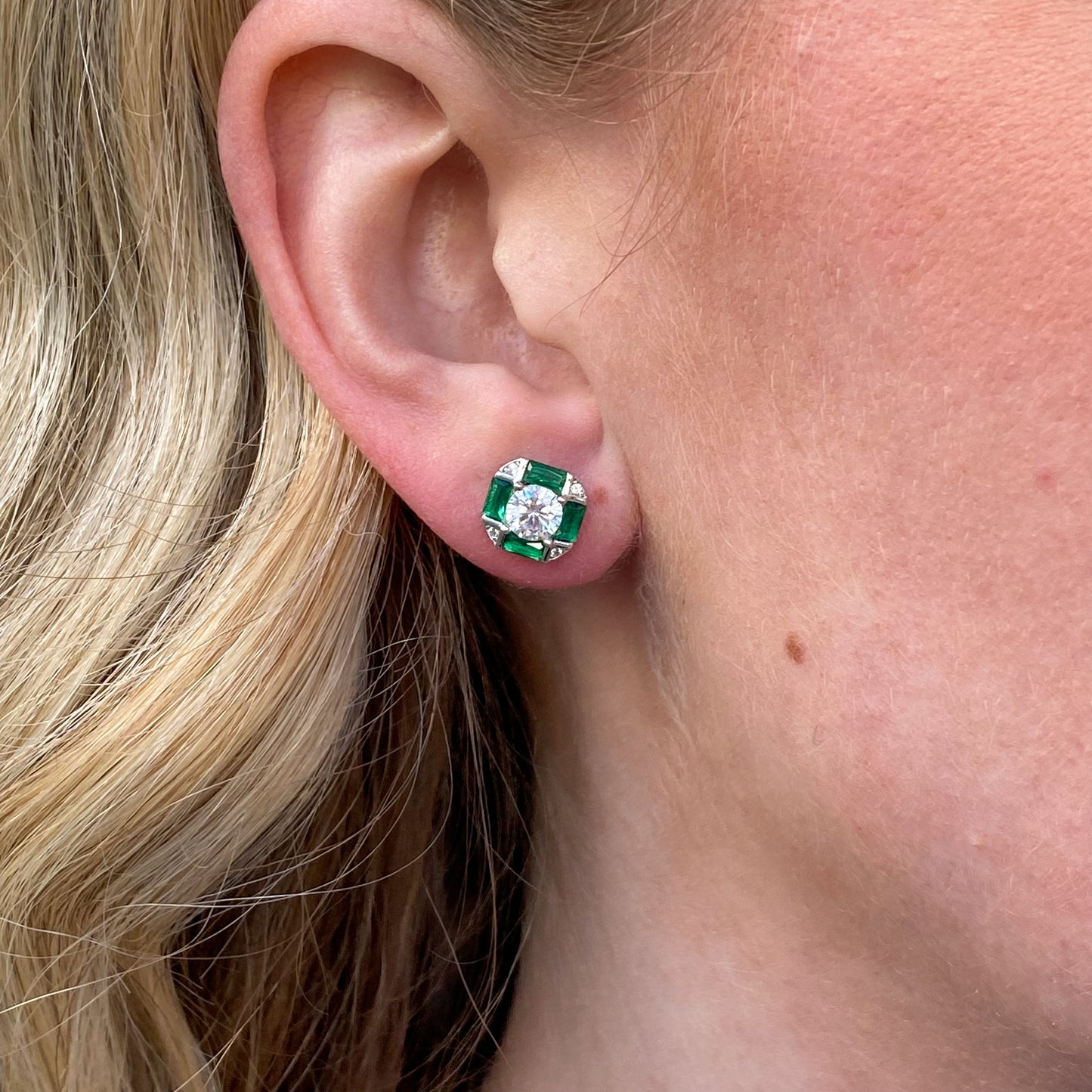 Silver Created Emerald & CZ Cube Stud Earrings | C Flawless - John Ross Jewellers