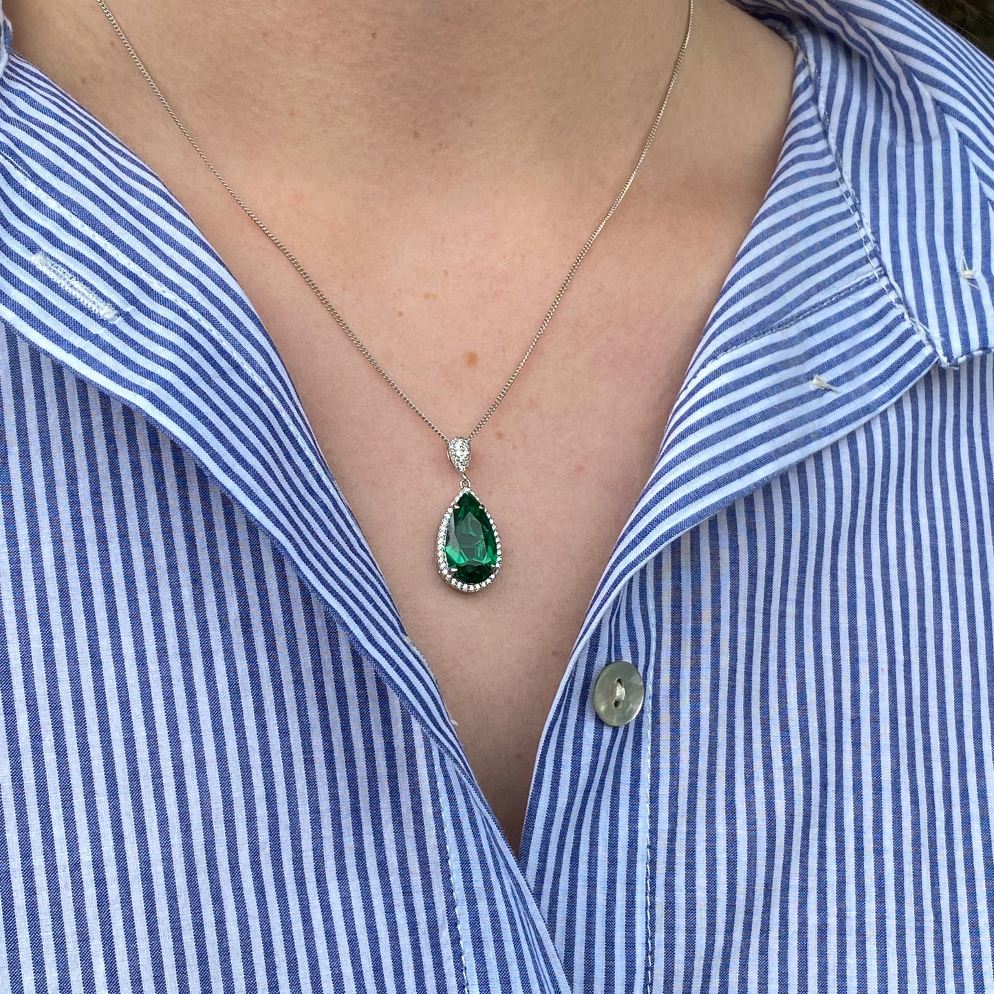 Silver Pear CZ Halo Necklace | Emerald Green - John Ross Jewellers