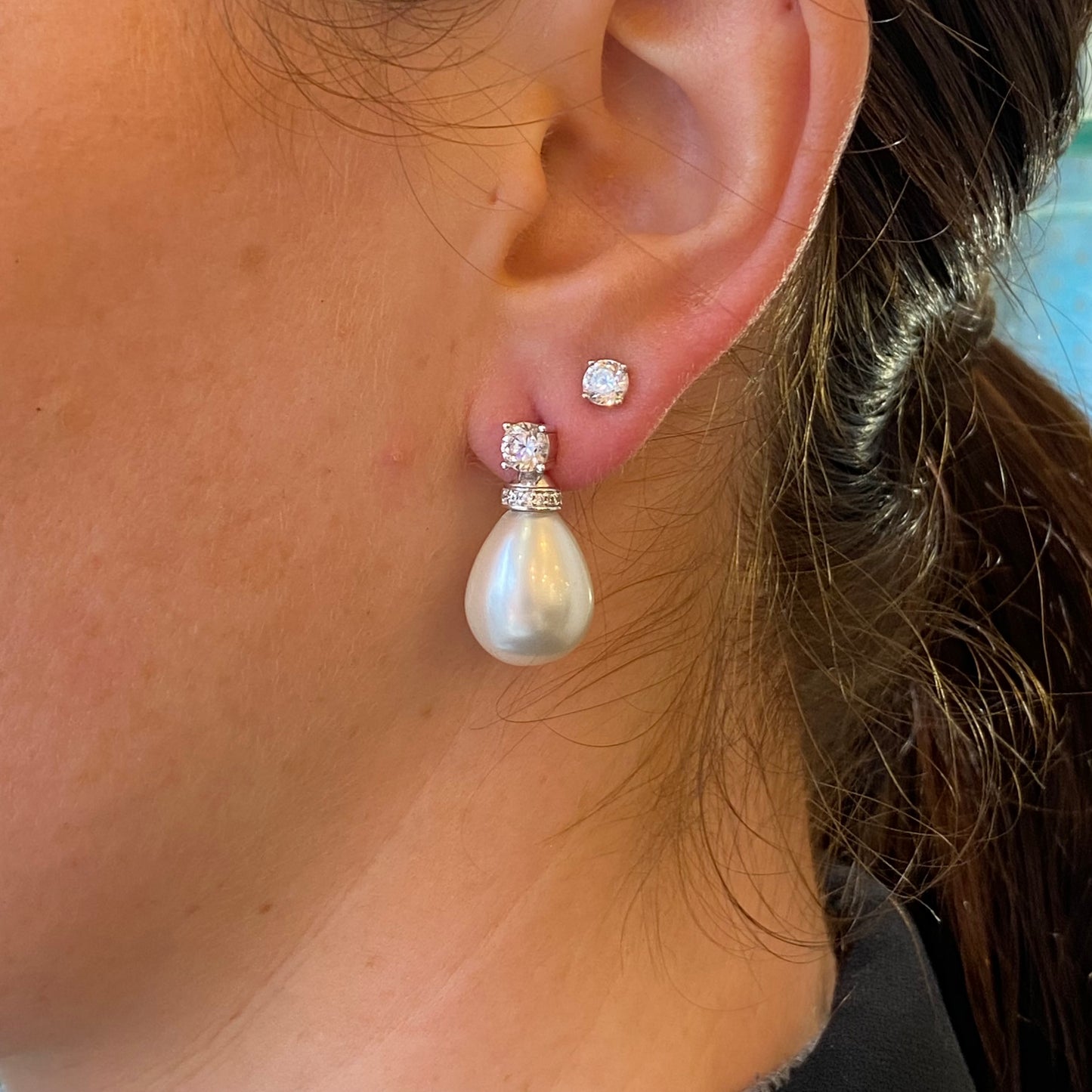 Silver 12x15mm Shell Pearl & CZ Drop Earrings - John Ross Jewellers