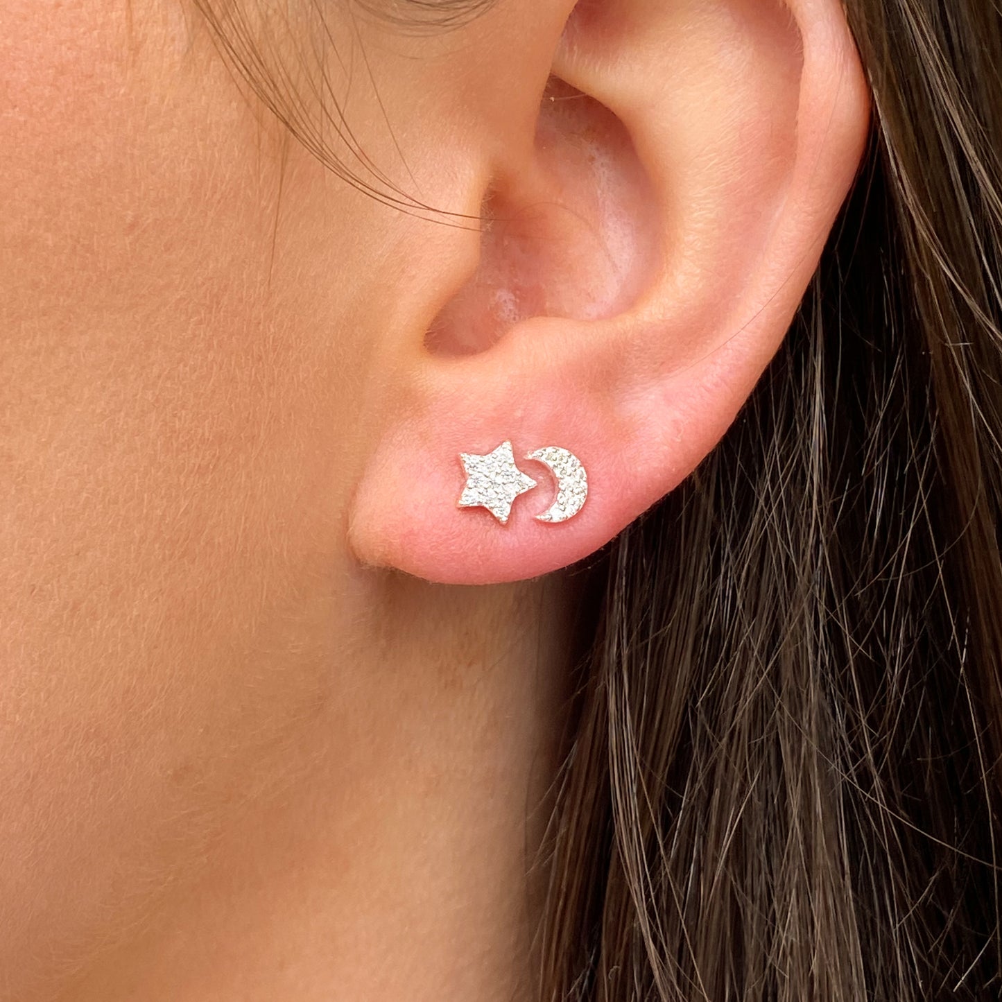 Silver CZ Moon & Star Stud Earrings - John Ross Jewellers