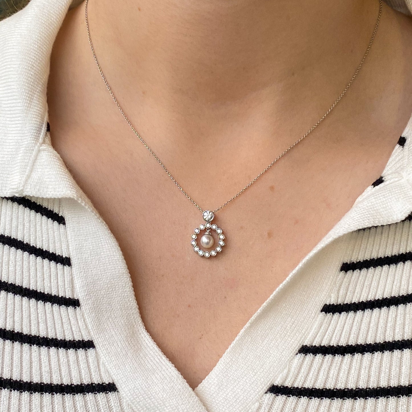 18ct White Gold Pearl & Diamond Eternity Necklace | 0.39ct - John Ross Jewellers