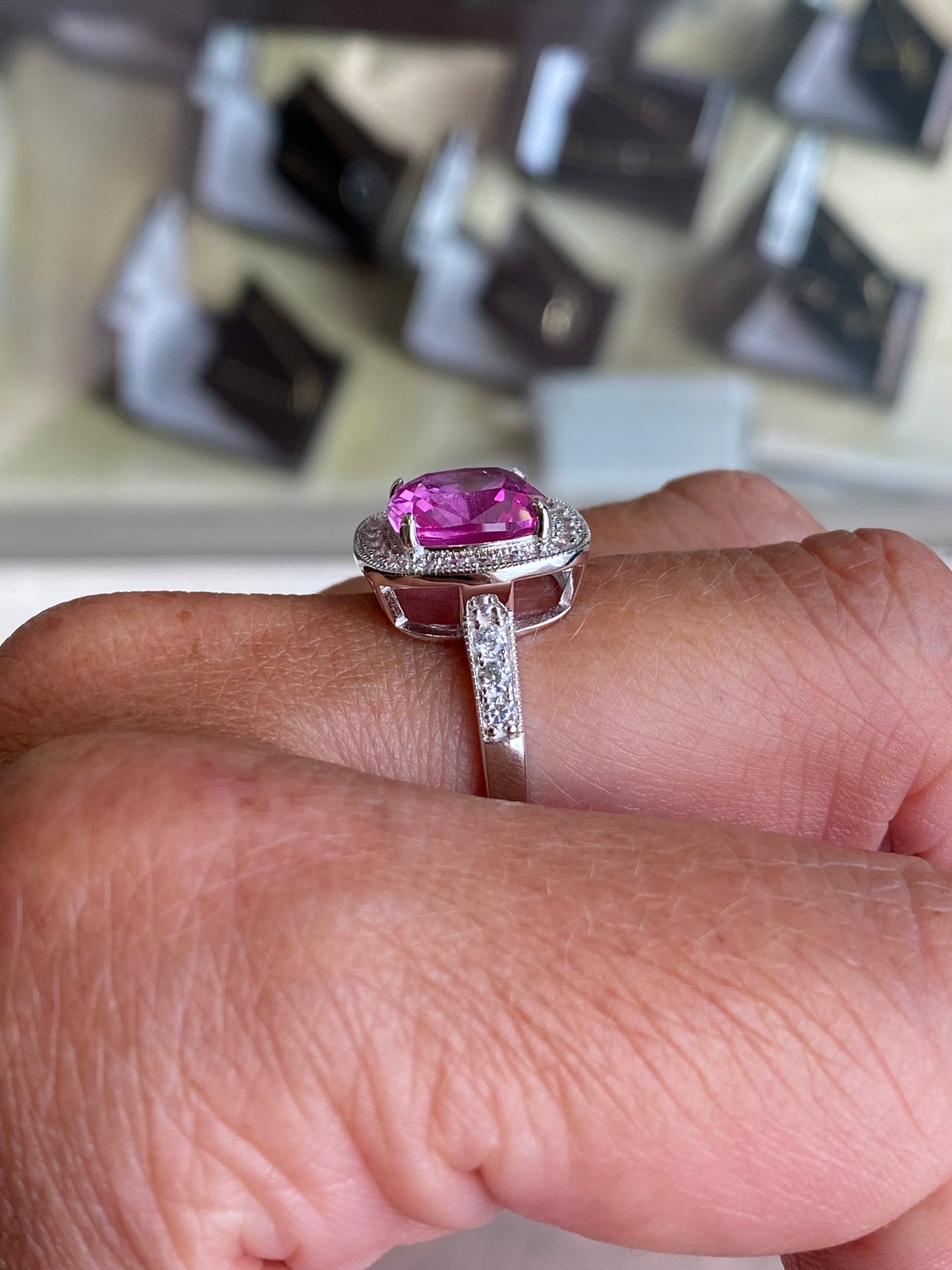 Silver Statement Cushion Solitaire Ring | Hot Pink