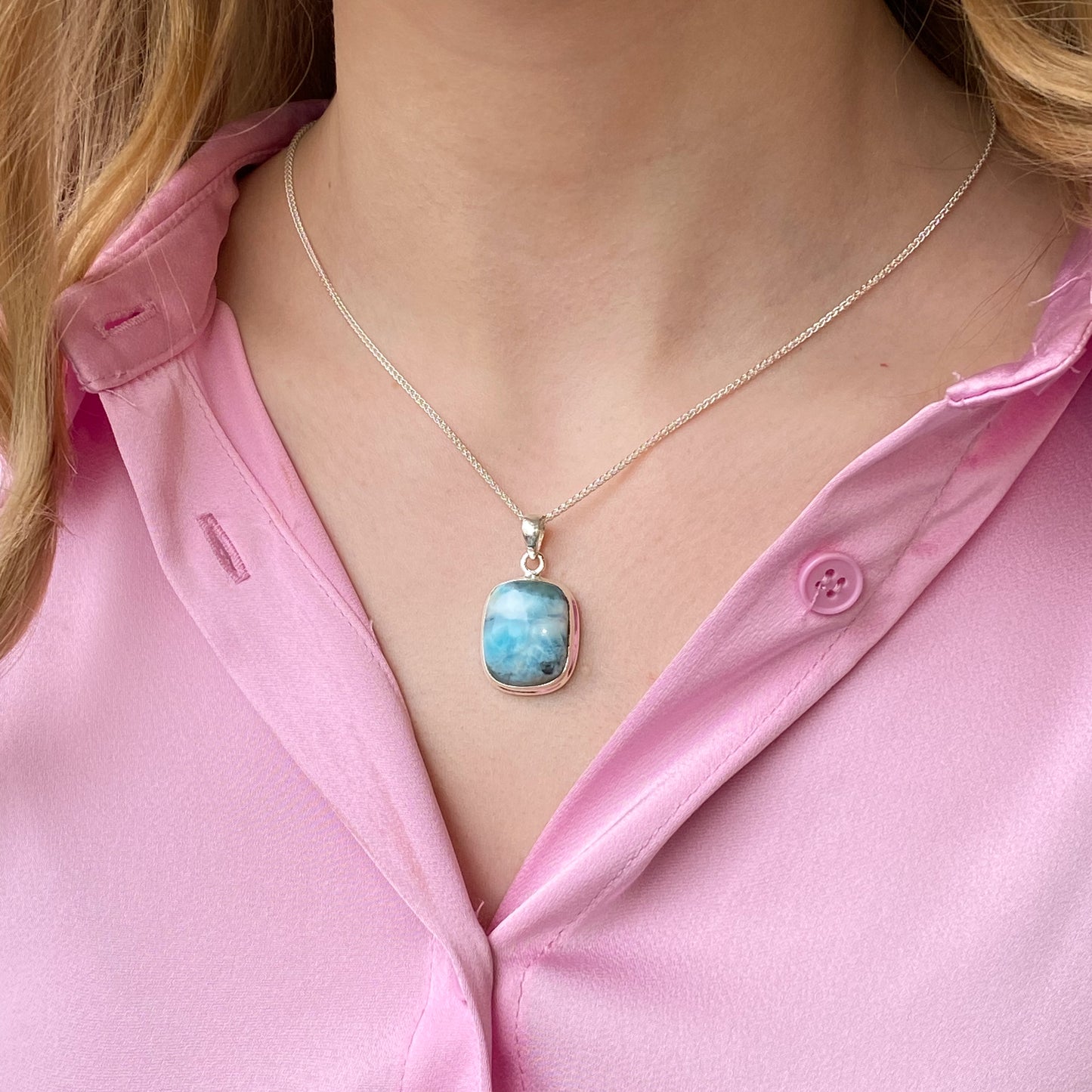 Silver Rectangular Larimar Pendant Necklace - John Ross Jewellers