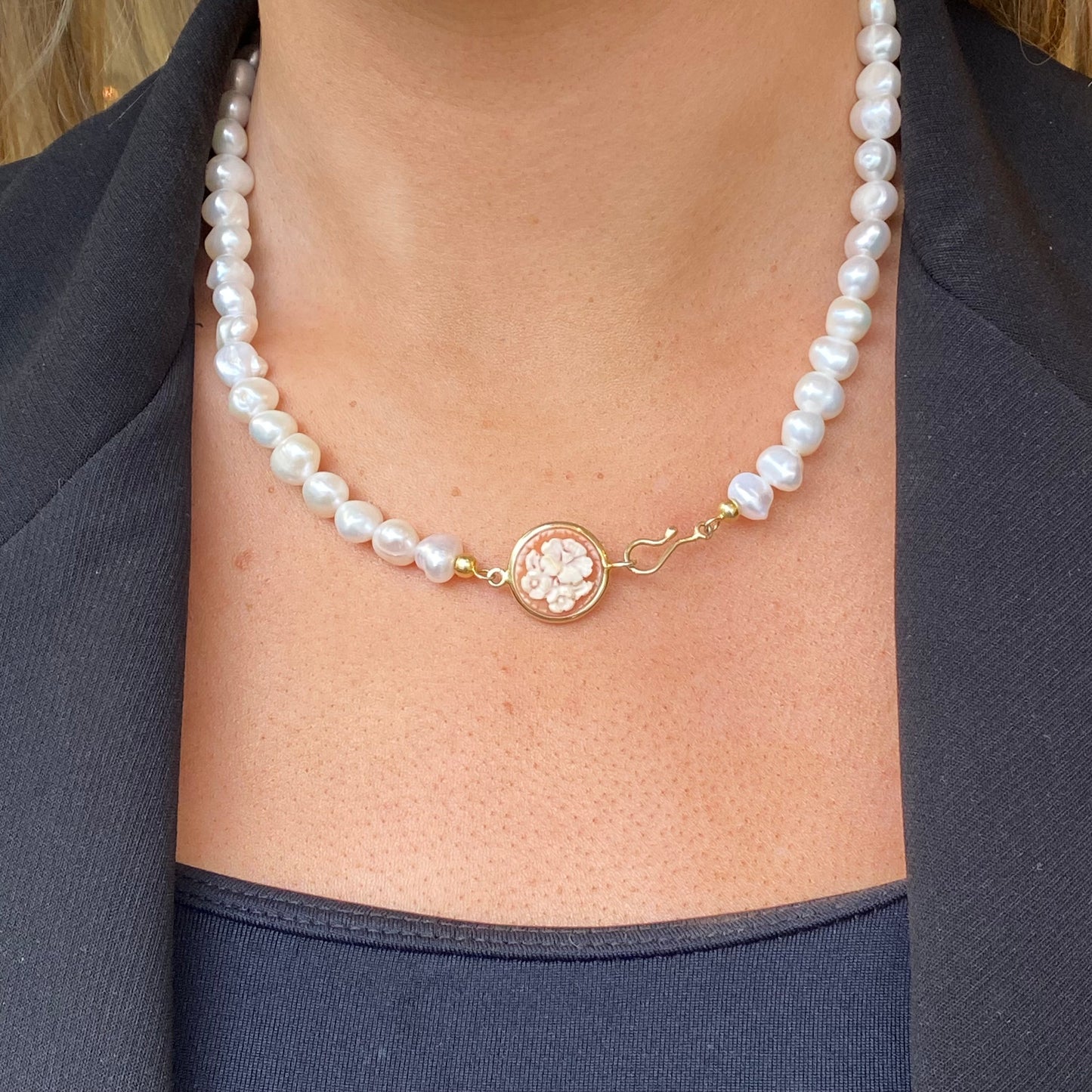 Bruno floral cameo and freshwater pearl necklace with 8-9mm pearls, 47cm length, featuring a detailed floral cameo pendant.